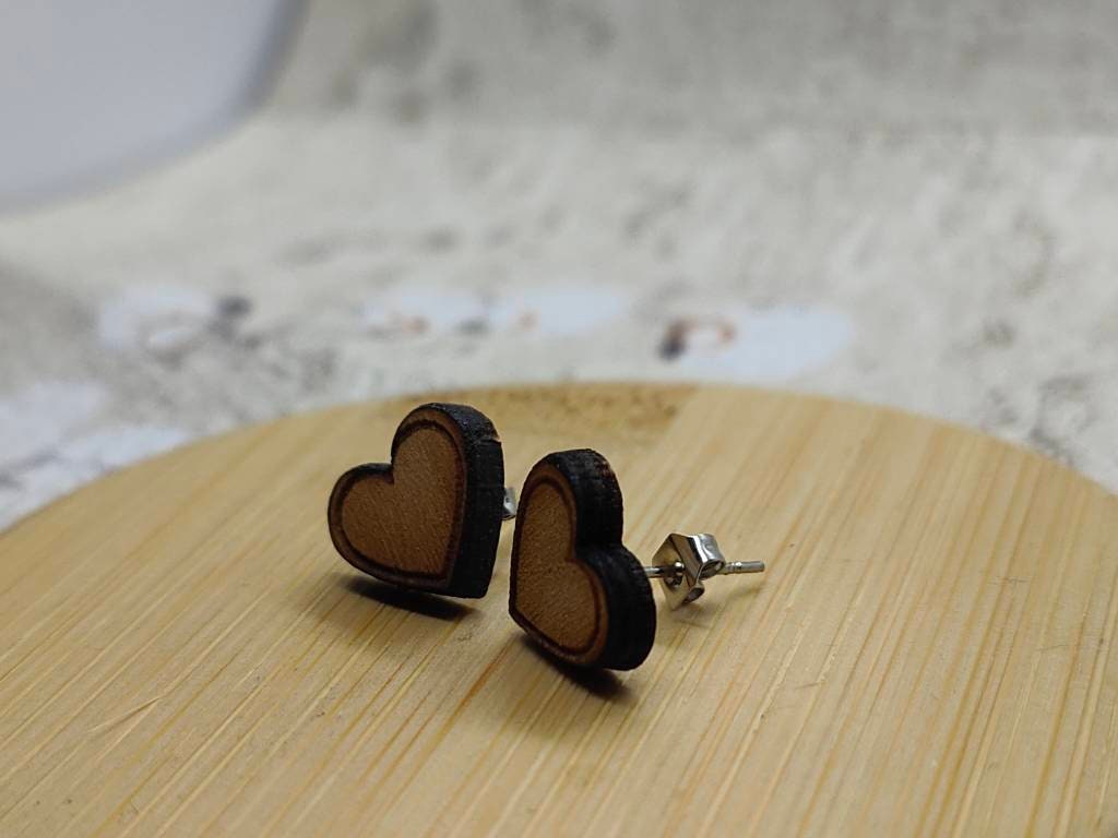 Spruce Wood Heart Stud Earrings: Minimalist Jewellery
