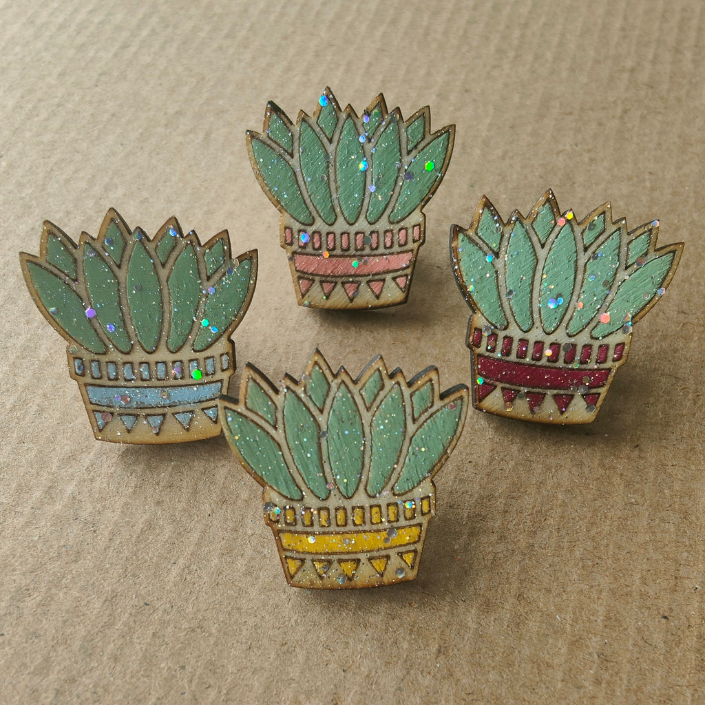 Hand Painted Glitter Succulent Pin, Wooden Plant Brooch