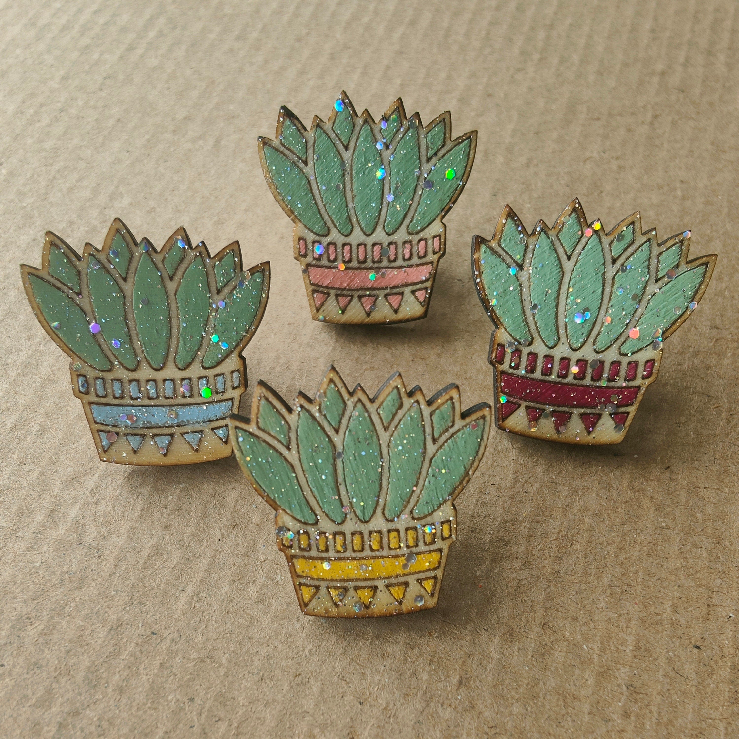 Hand Painted Glitter Succulent Pin, Wooden Plant Brooch