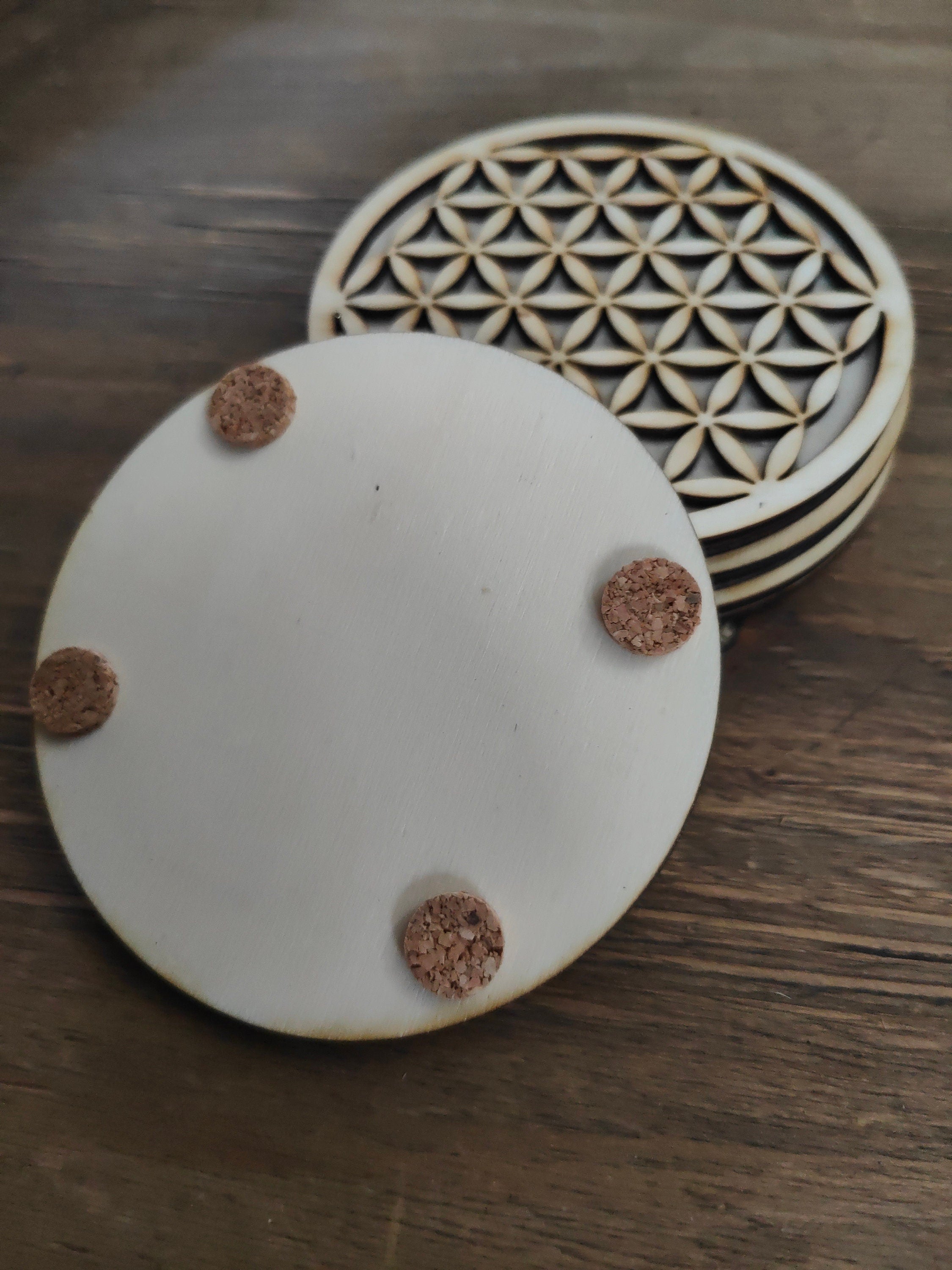 Flower of Life Wooden Coasters: Geometric Laser Engraved Set of 4