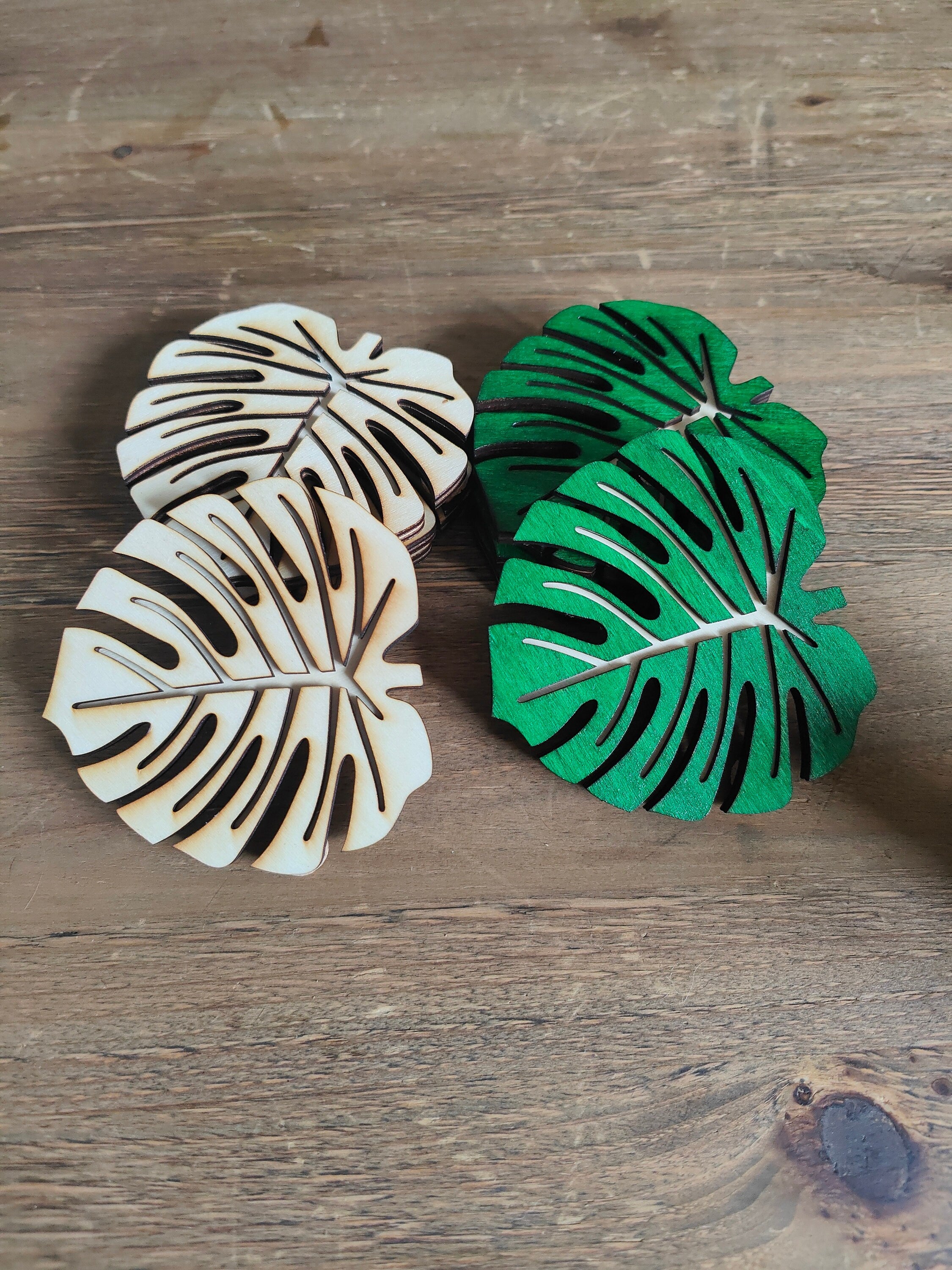 Wooden Monstera Leaf Coasters: Summer Drinkware, Set of 4