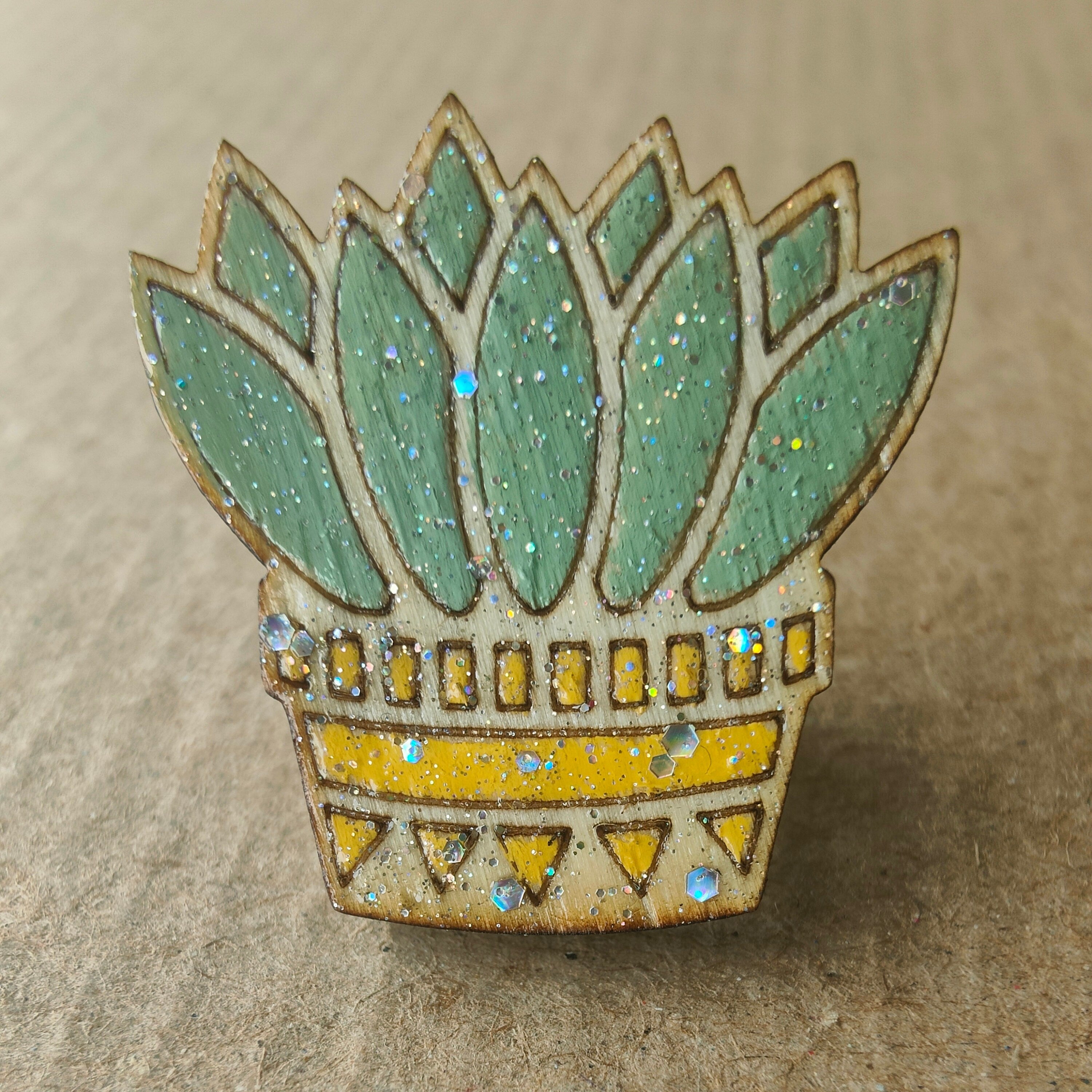 Hand Painted Glitter Succulent Pin, Wooden Plant Brooch