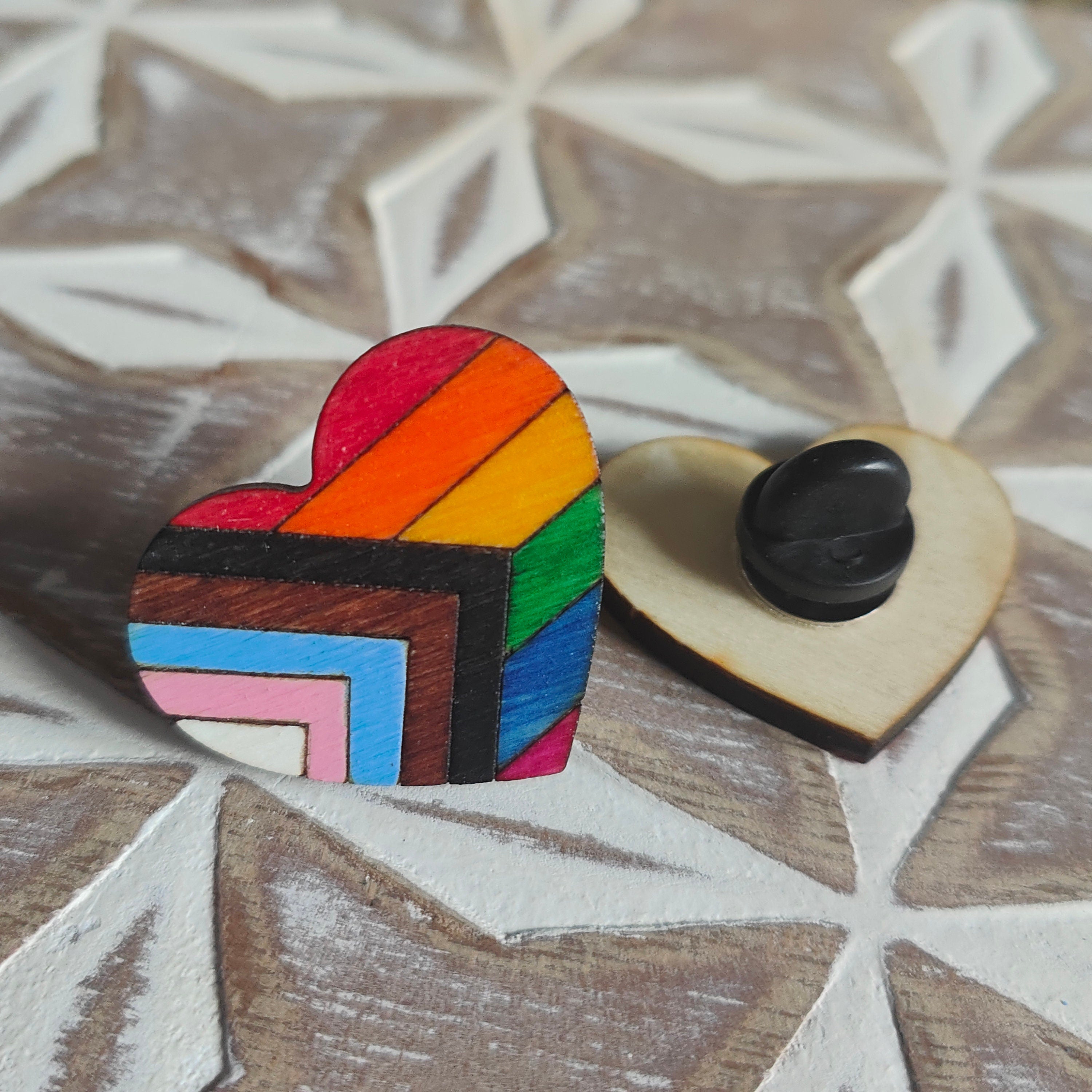 Wooden heart progress pride flag pin badge, LGBTQ+