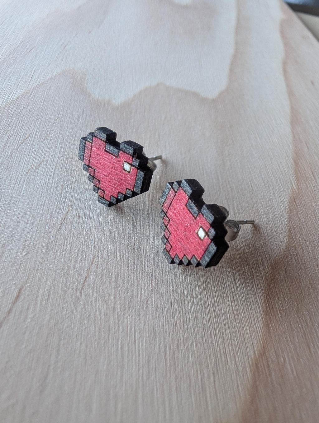 Wooden Pixel Heart Stud Earrings: Gamer Jewellery