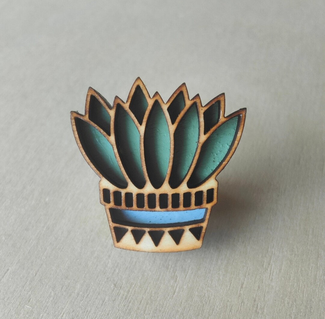 Wooden Succulent Pin: Hand-Painted Plant Brooch
