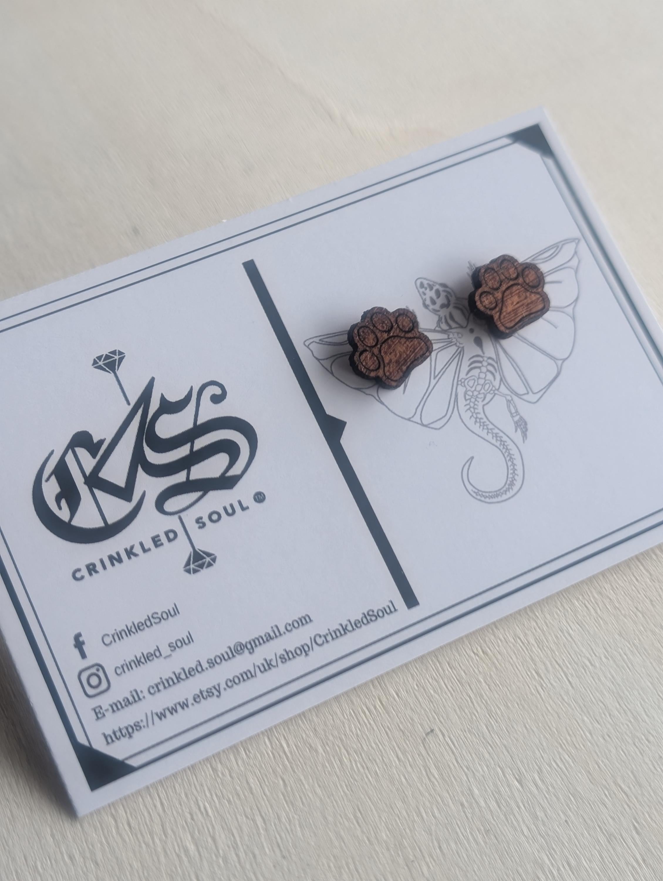 Mahogany Paw Print Stud Earrings: Laser Cut Wooden Jewellery