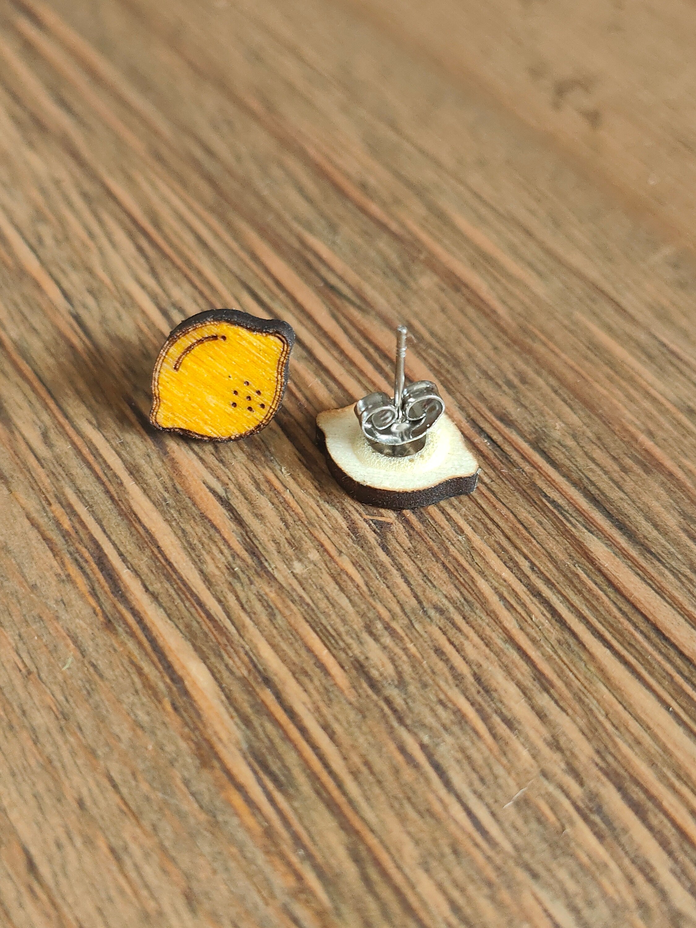 Wooden Lemon Stud Earrings: Hand-Painted Summer Jewellery