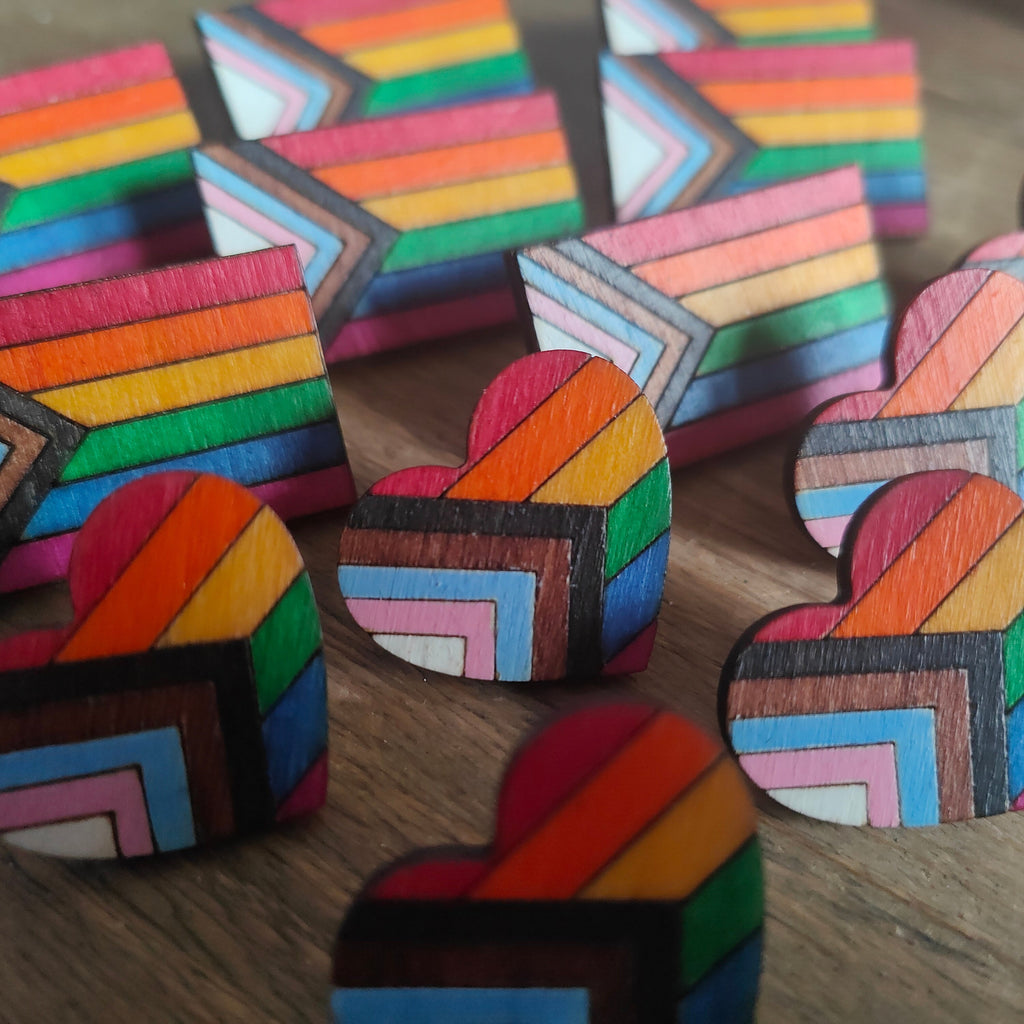 Wooden heart progress pride flag pin badge, LGBTQ+