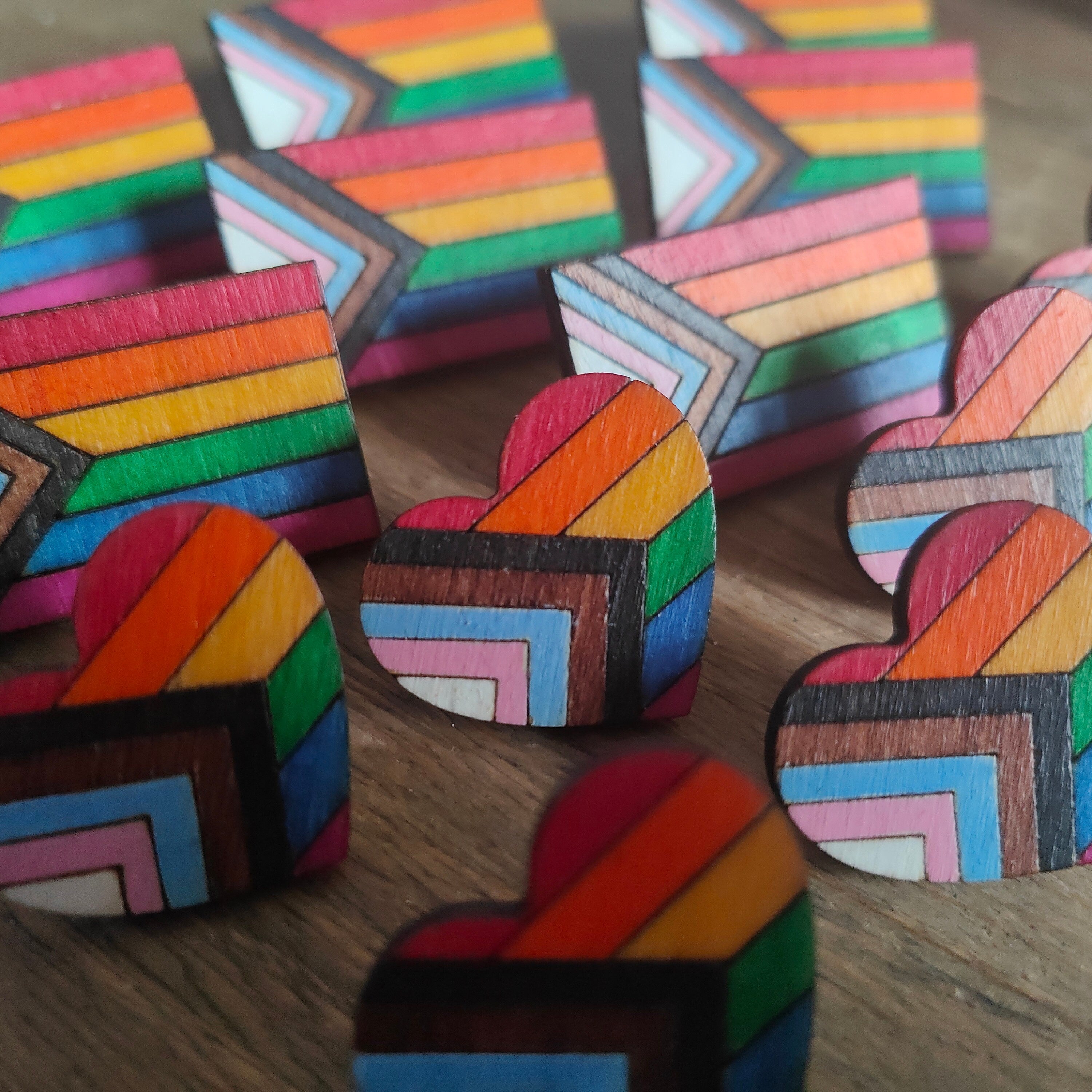 Wooden heart progress pride flag pin badge, LGBTQ+