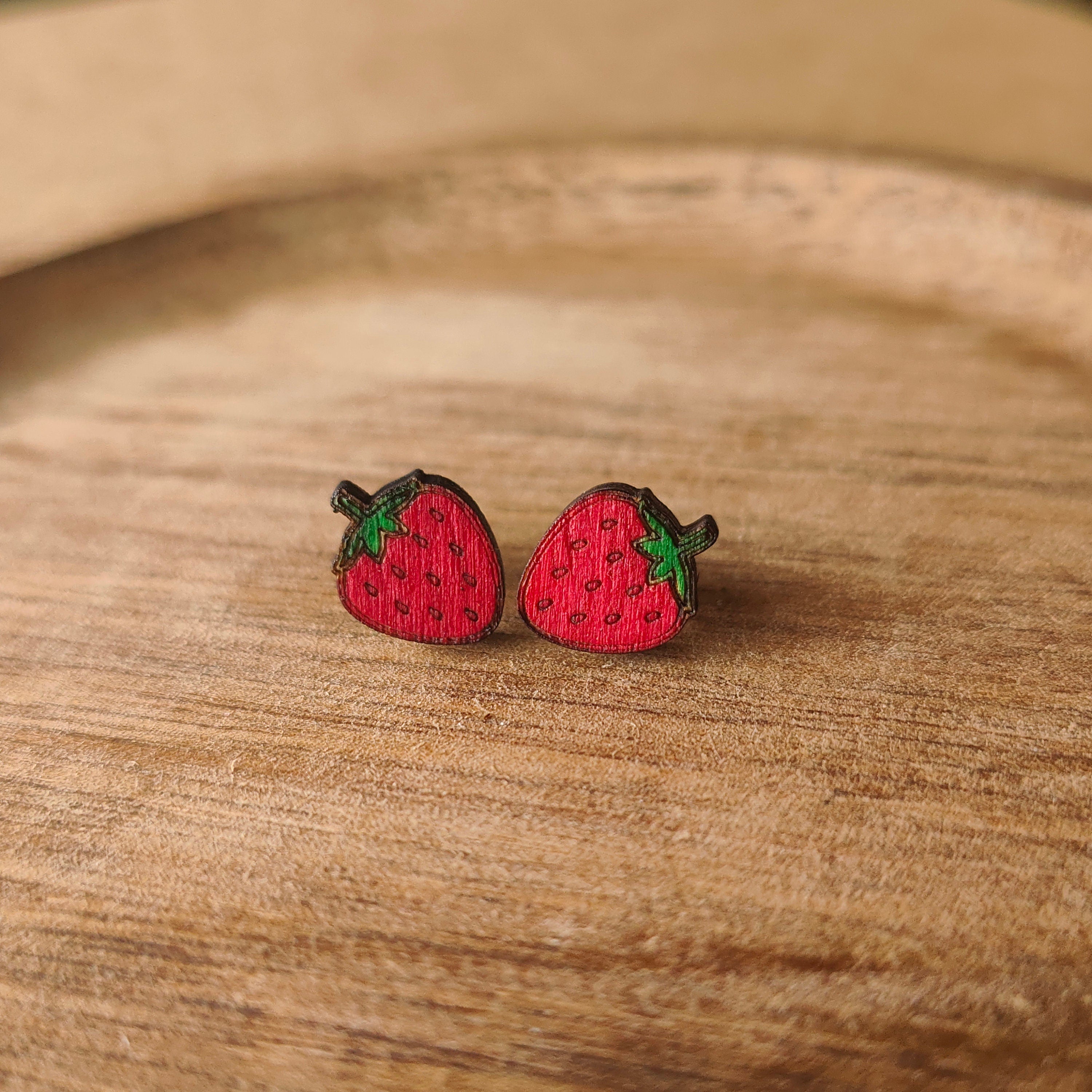 Wooden Strawberry Stud Earrings: Red Fruit Jewellery