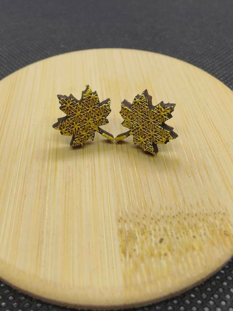 Gold Maple Leaf Earrings: Geometric Laser Engraved Wood Studs