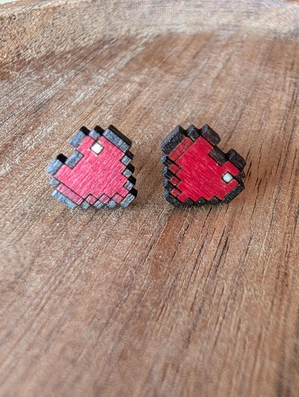 Wooden Pixel Heart Stud Earrings: Gamer Jewellery