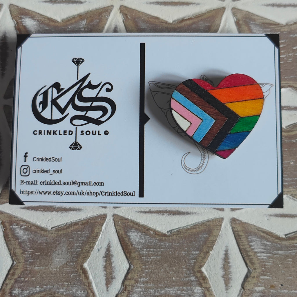Wooden heart progress pride flag pin badge, LGBTQ+