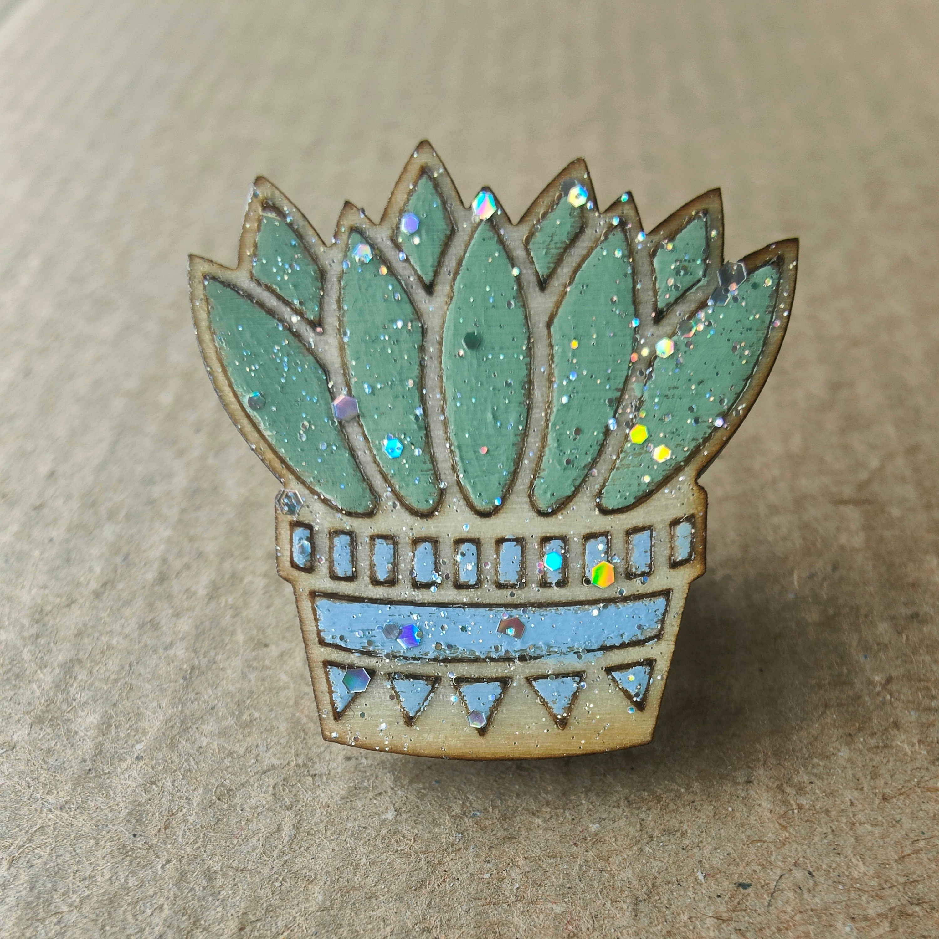 Hand Painted Glitter Succulent Pin, Wooden Plant Brooch