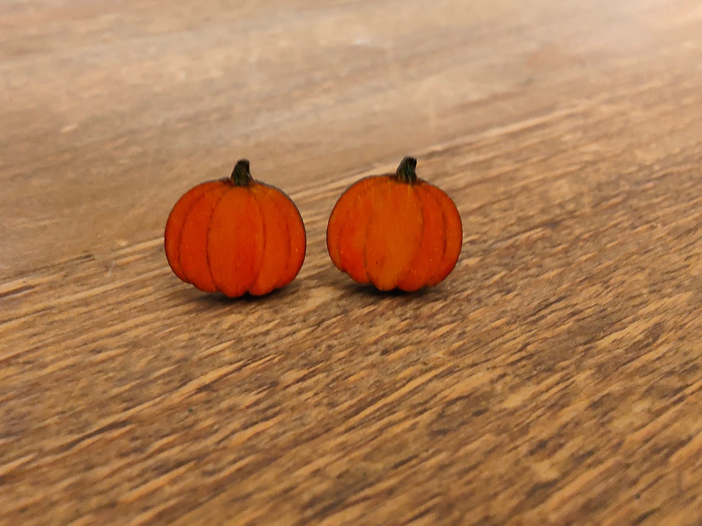 Laser Engraved Wooden Pumpkin Stud Earrings, Halloween Jewellery