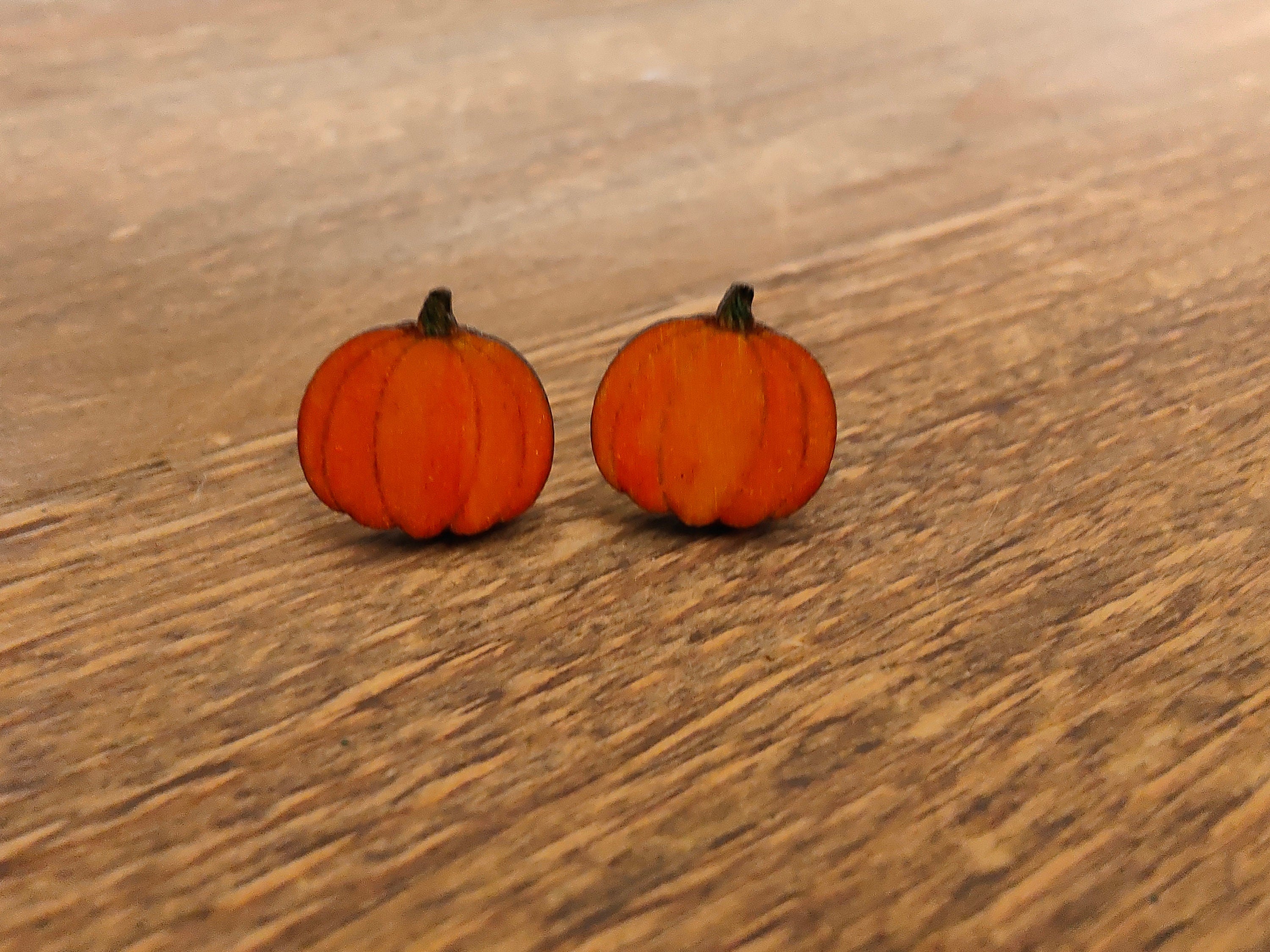Laser Engraved Wooden Pumpkin Stud Earrings, Halloween Jewellery