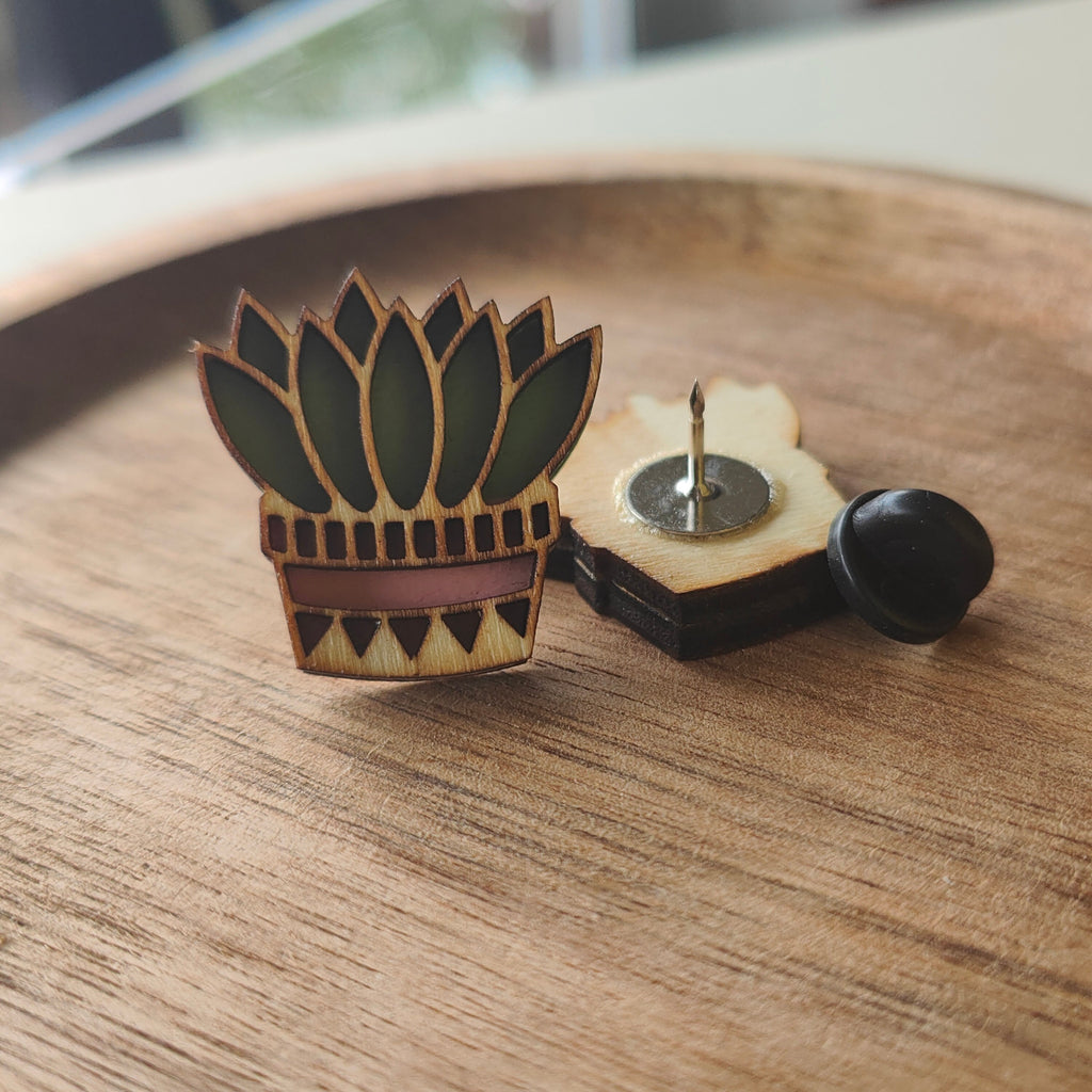 Wooden Succulent Pin: Hand-Painted Plant Brooch