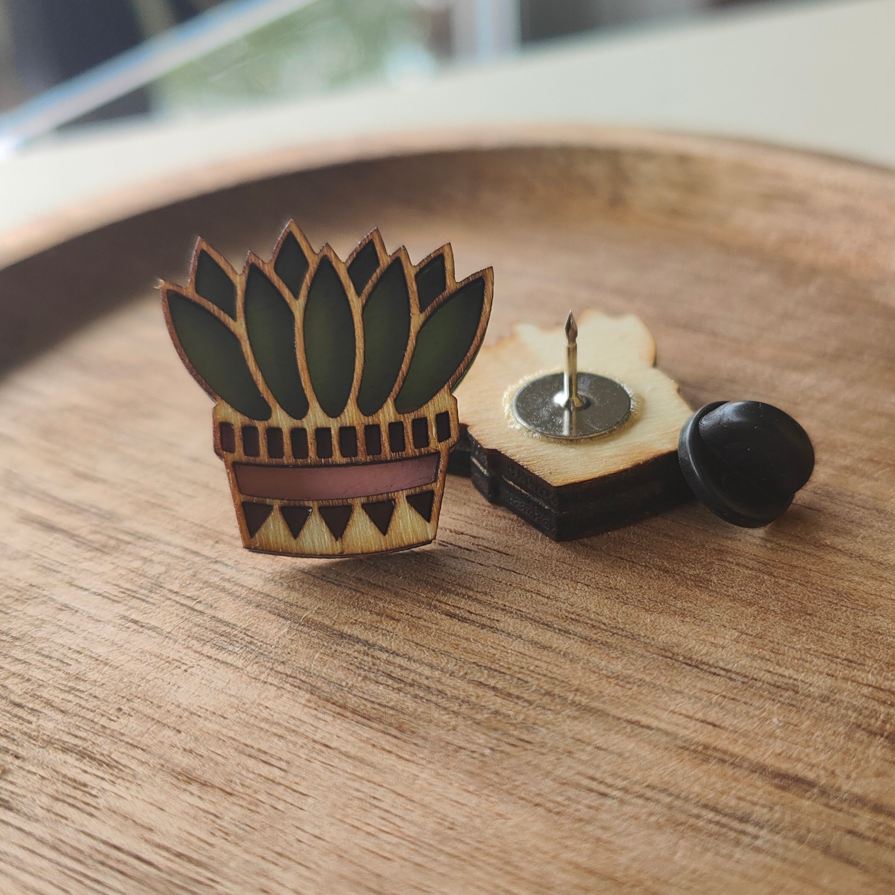 Wooden Succulent Pin: Hand-Painted Plant Brooch
