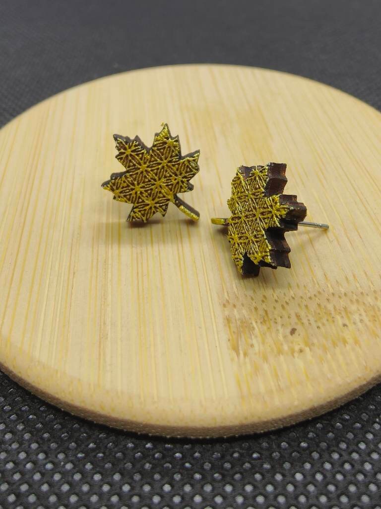Gold Maple Leaf Earrings: Geometric Laser Engraved Wood Studs