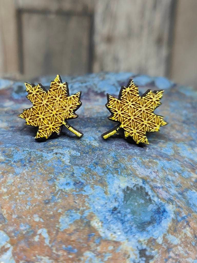Gold Maple Leaf Earrings: Geometric Laser Engraved Wood Studs