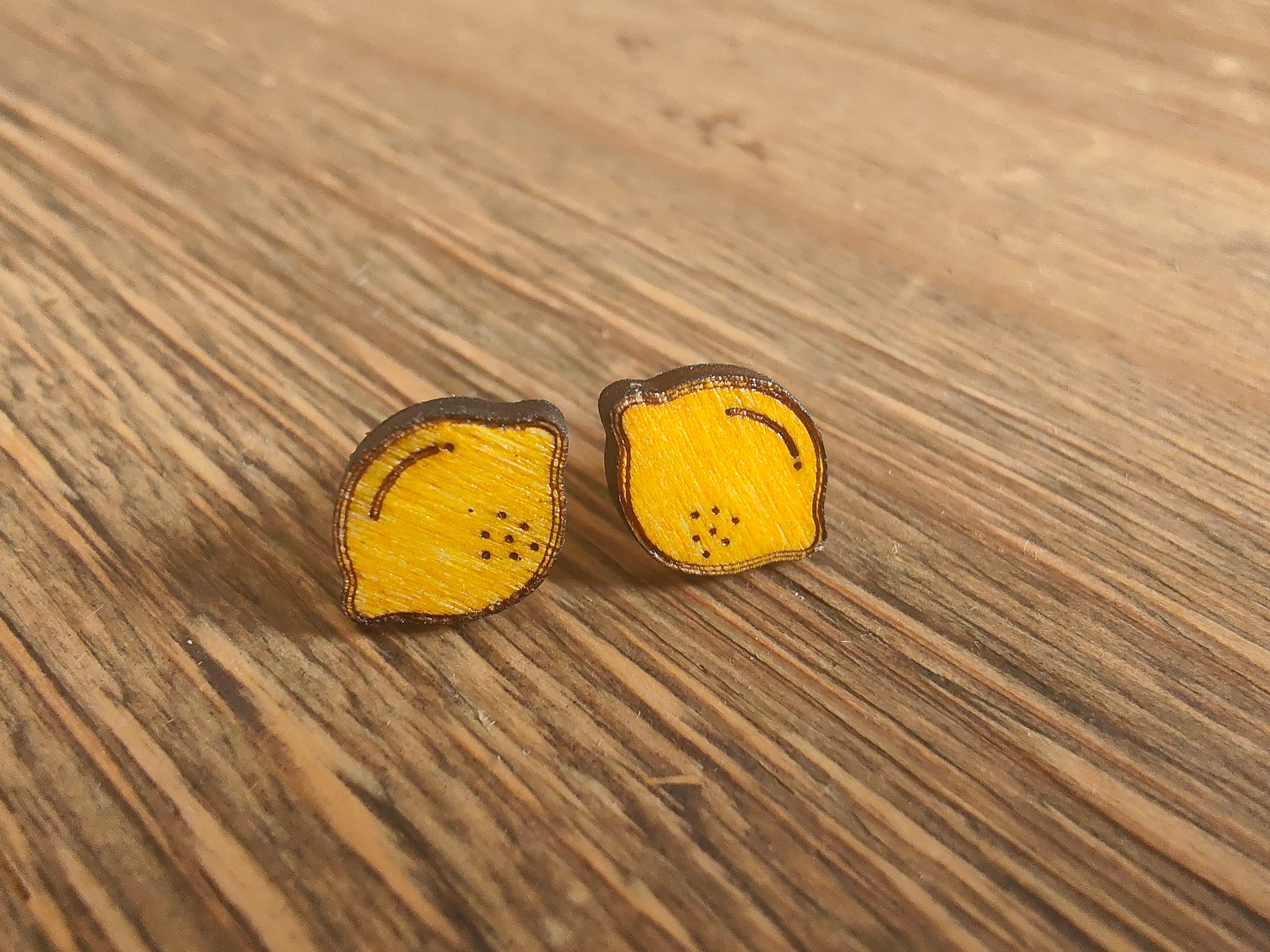 Wooden Lemon Stud Earrings: Hand-Painted Summer Jewellery
