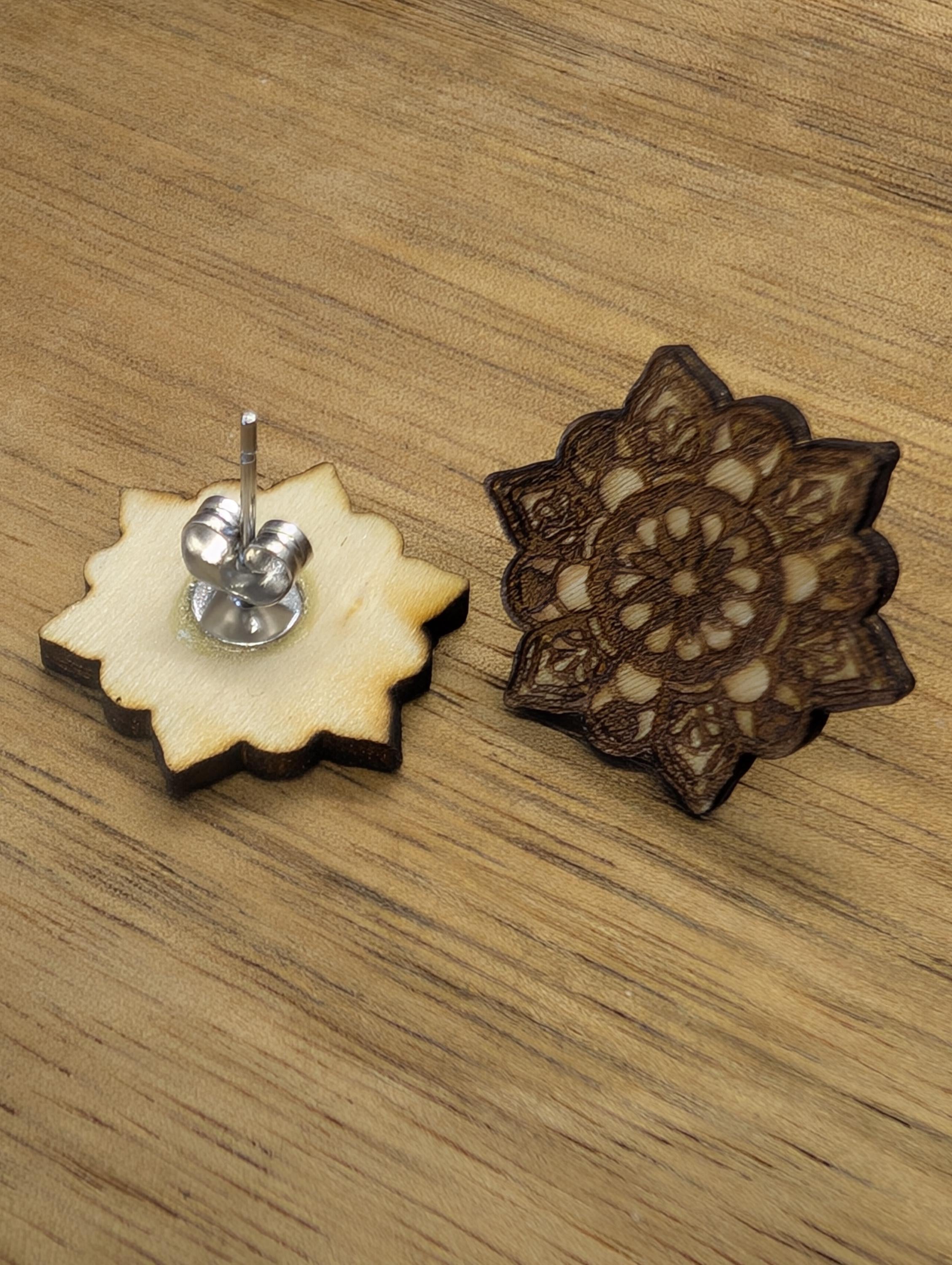 Laser Cut Wooden Mandala Stud Earrings: Spiritual Jewellery Gift