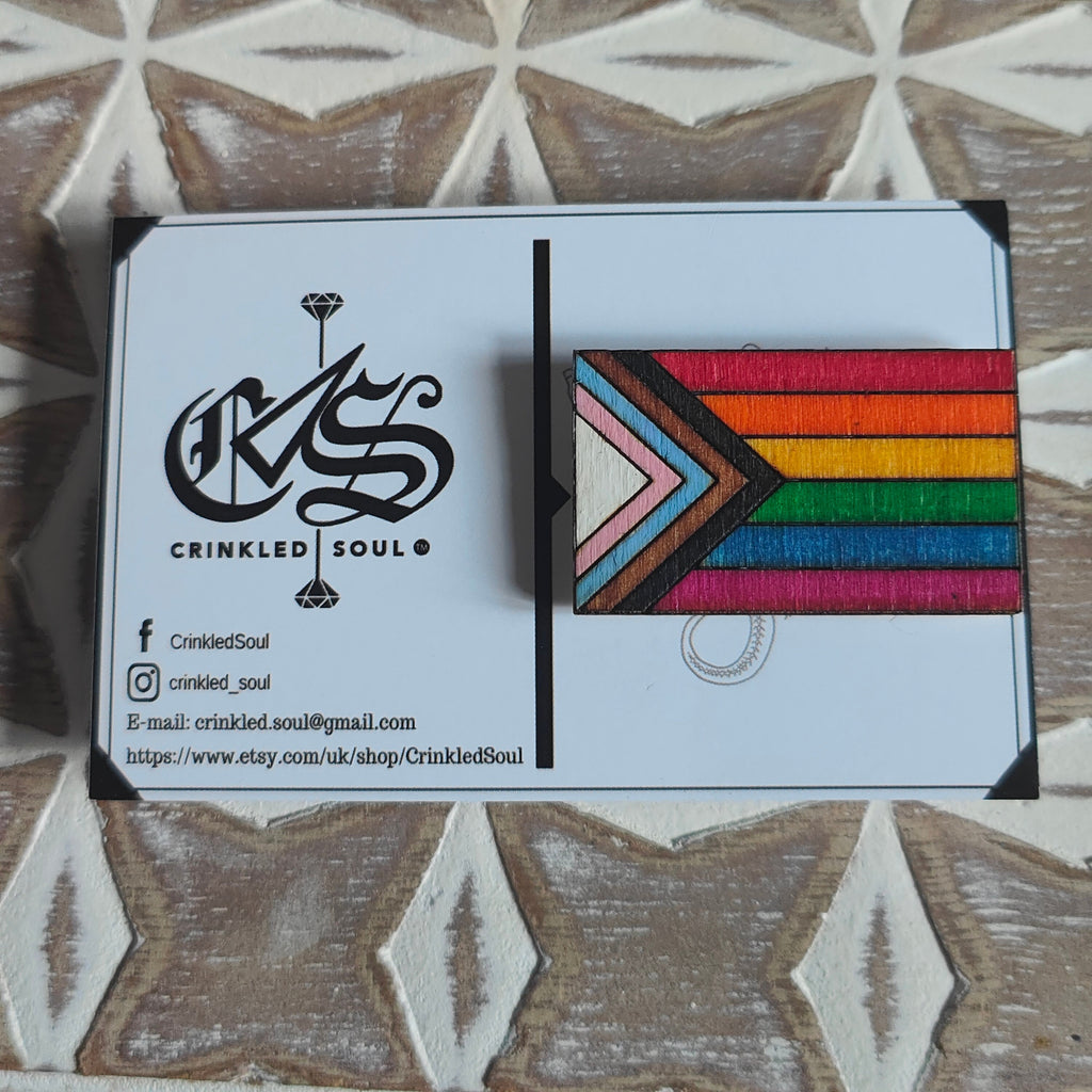 Wooden heart progress pride flag pin badge, LGBTQ+