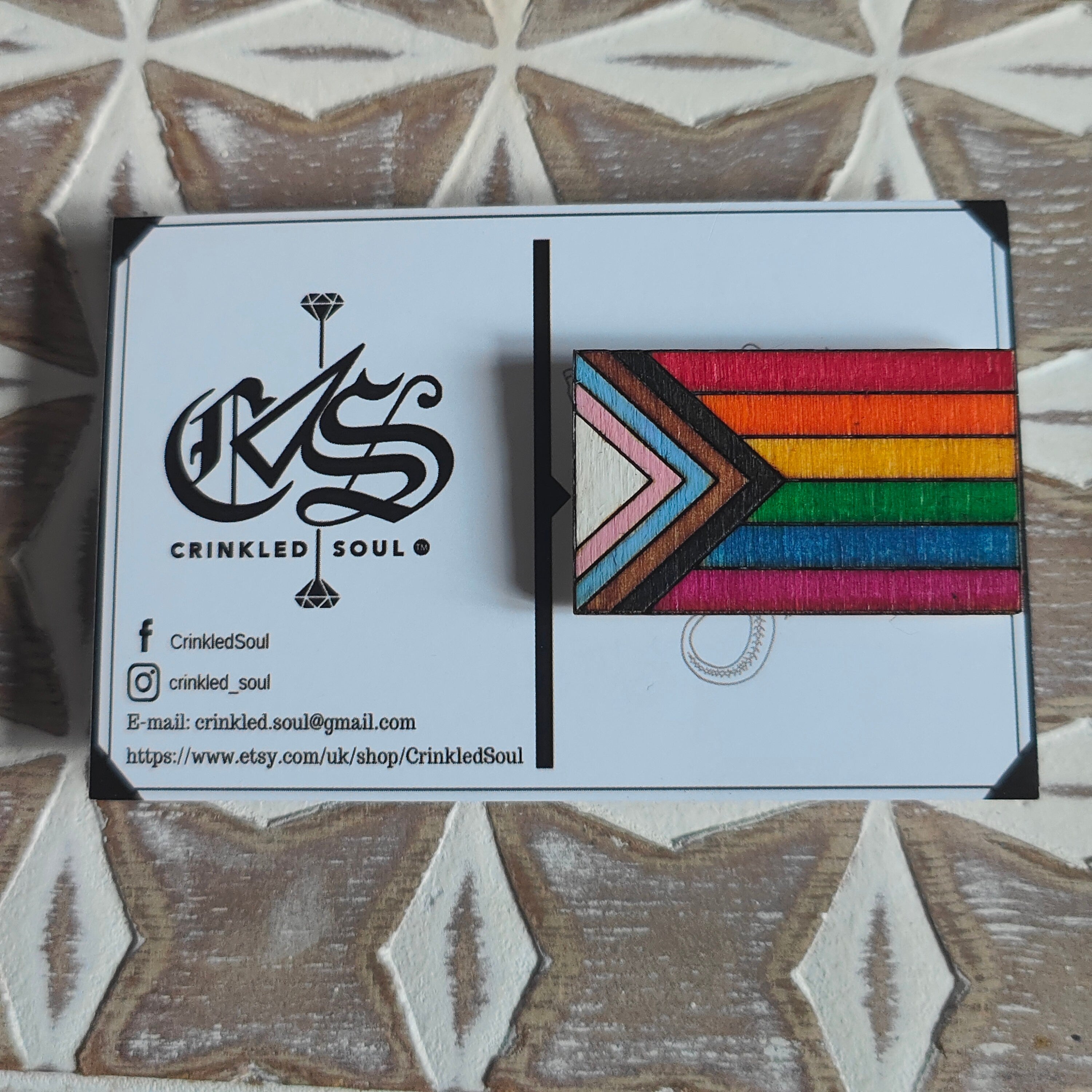 Wooden heart progress pride flag pin badge, LGBTQ+