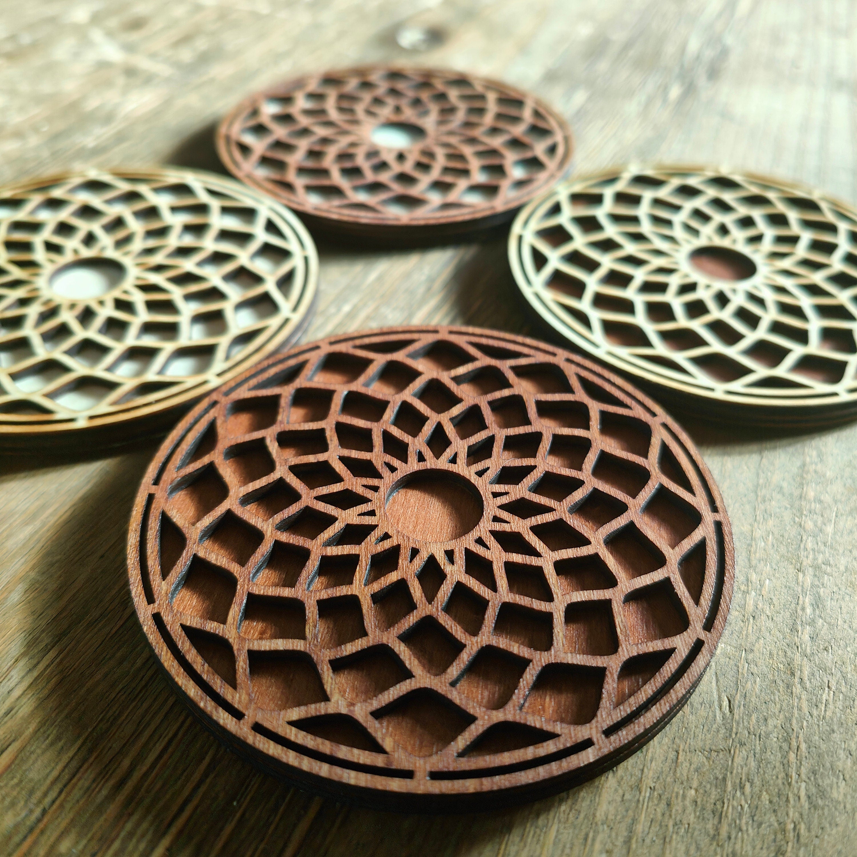 Geometric Mandala Wooden Coasters: Spiritual Home Decor, Set of 4
