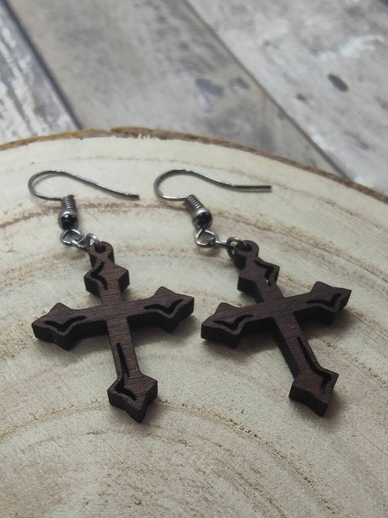 Fleury Cross Earrings: Walnut Wood Gothic Dangle Jewellery