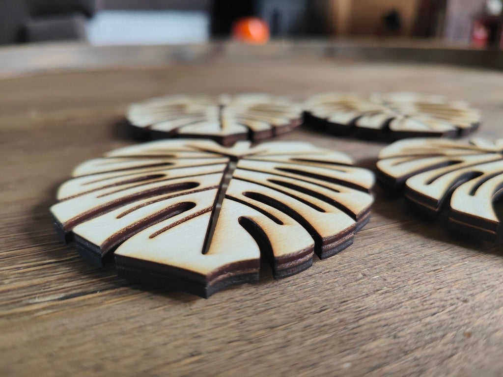 Wooden Monstera Leaf Coasters: Summer Drinkware, Set of 4