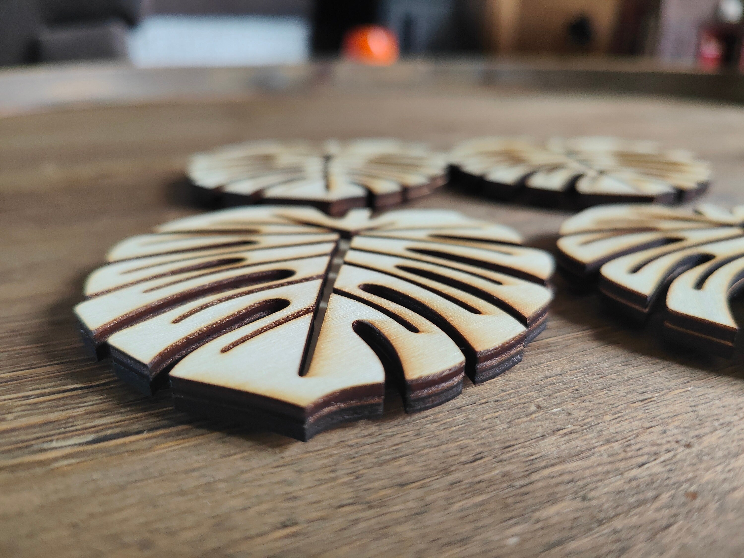 Wooden Monstera Leaf Coasters: Summer Drinkware, Set of 4