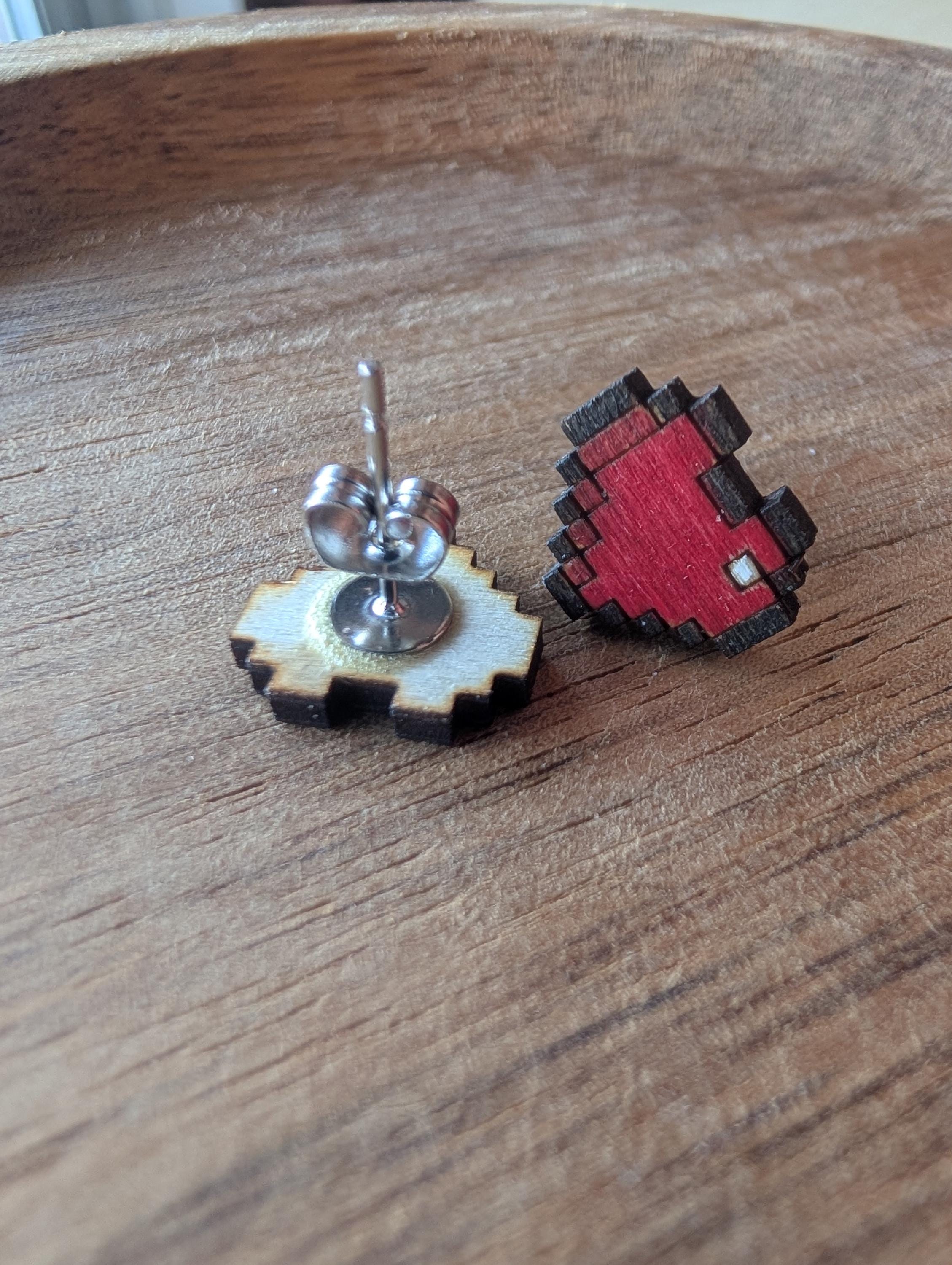 Wooden Pixel Heart Stud Earrings: Gamer Jewellery