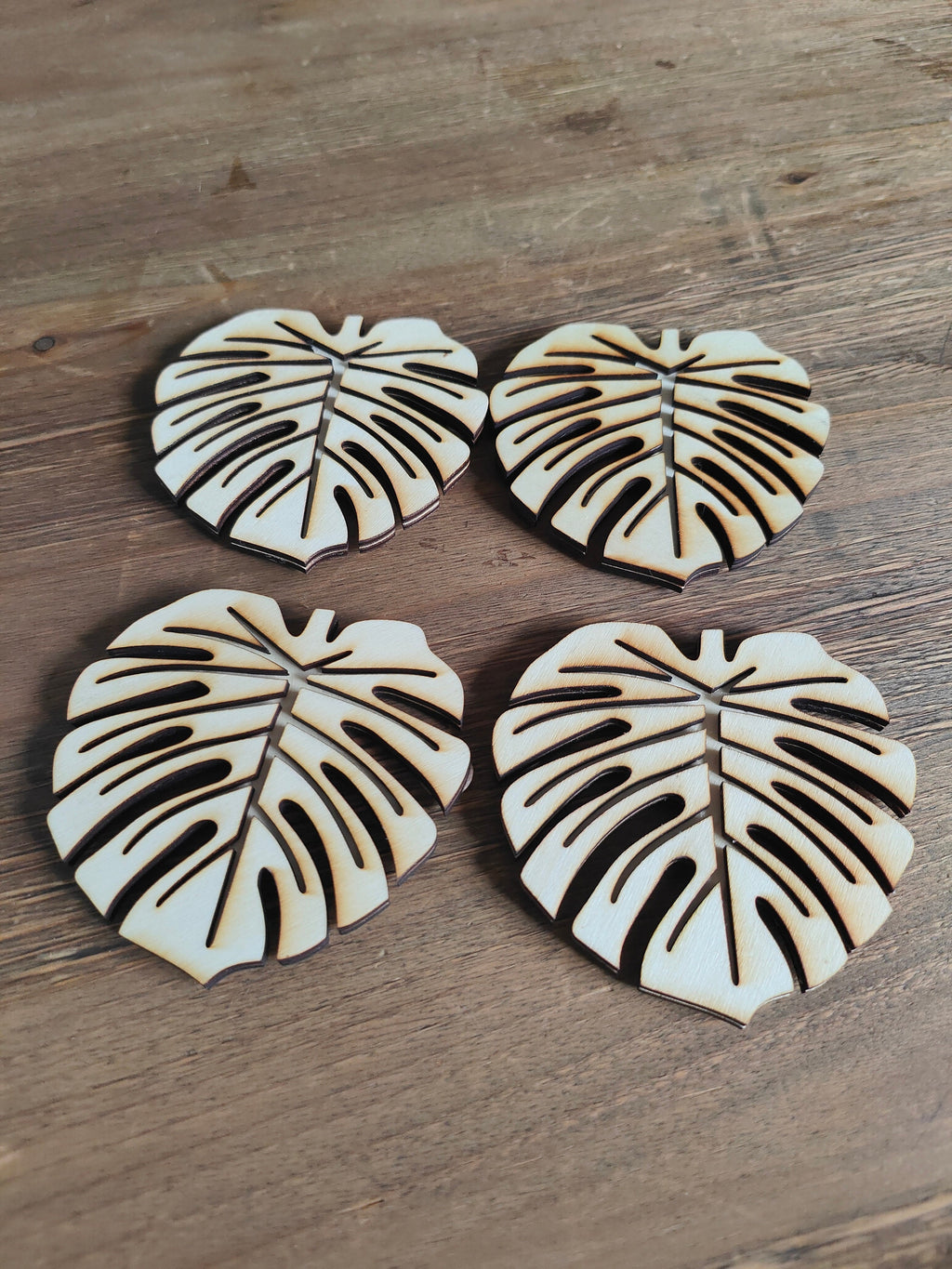 Wooden Monstera Leaf Coasters: Summer Drinkware, Set of 4
