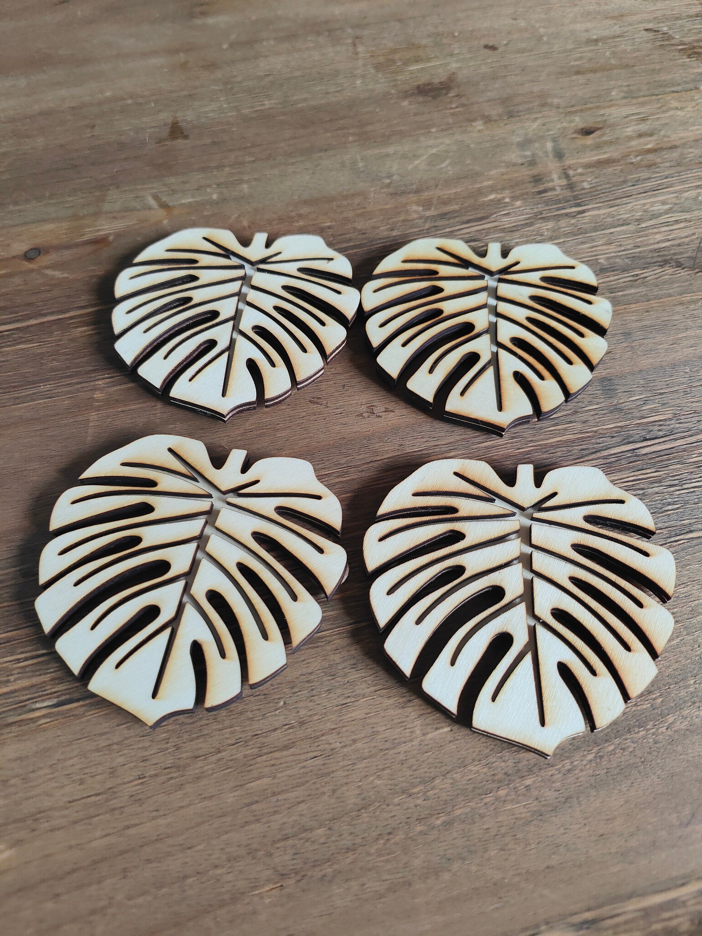Wooden Monstera Leaf Coasters: Summer Drinkware, Set of 4
