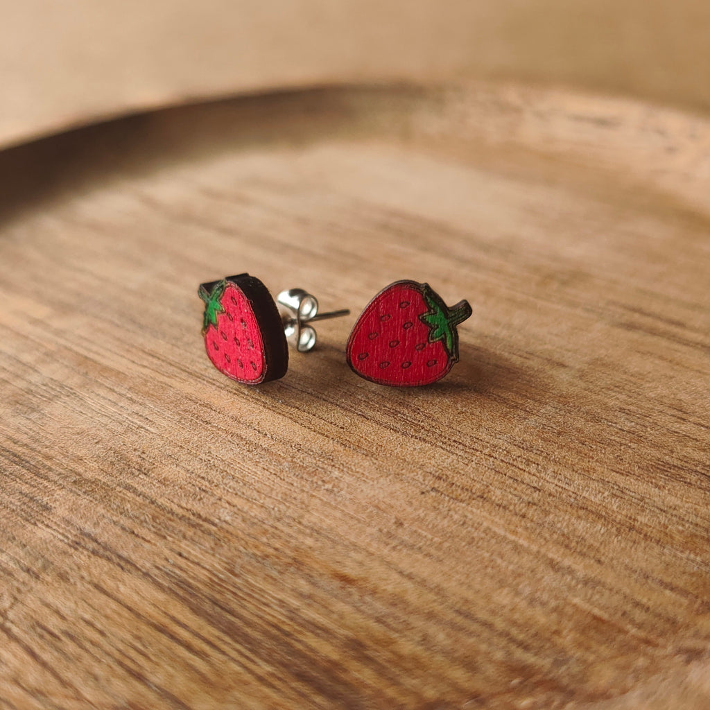 Wooden Strawberry Stud Earrings: Red Fruit Jewellery