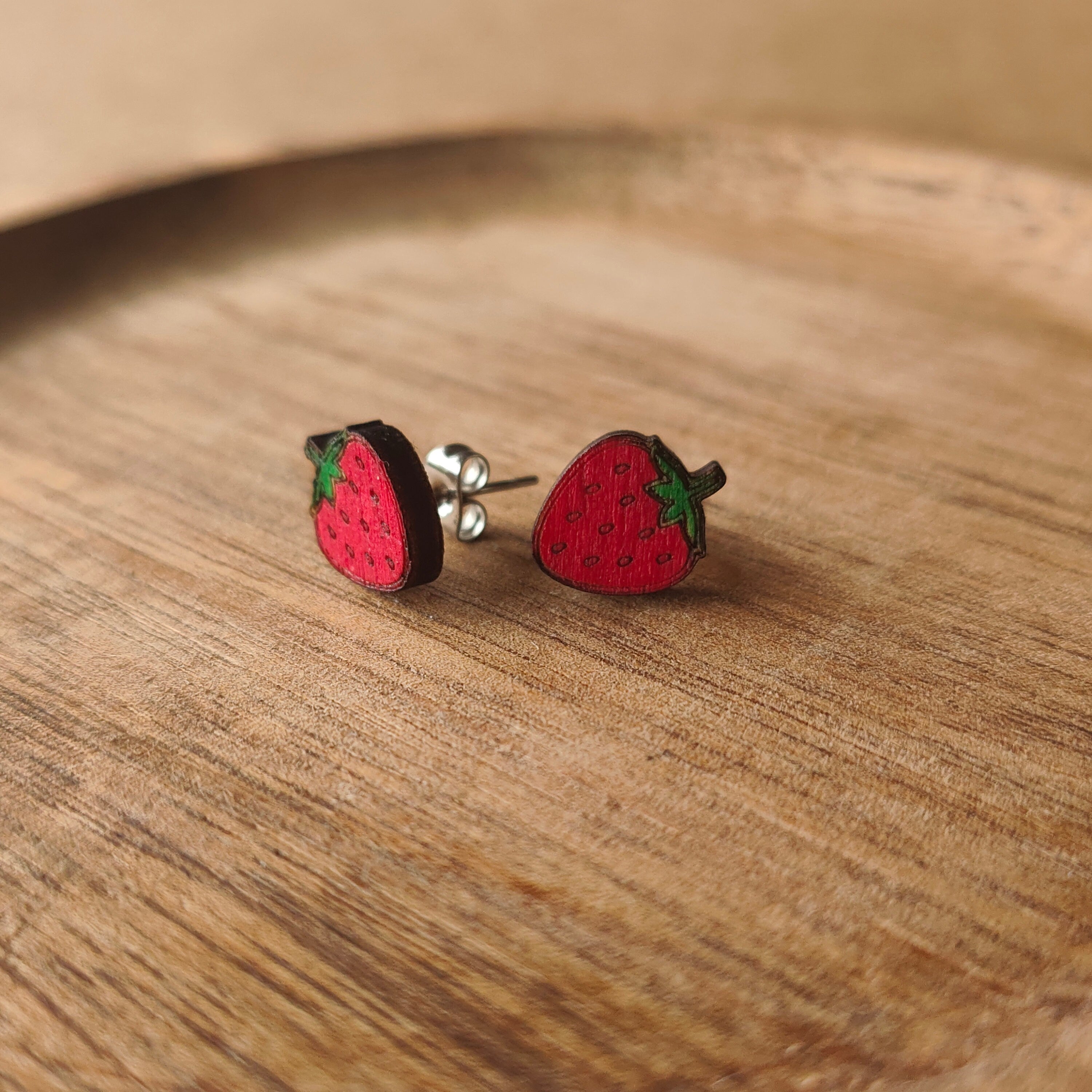 Wooden Strawberry Stud Earrings: Red Fruit Jewellery