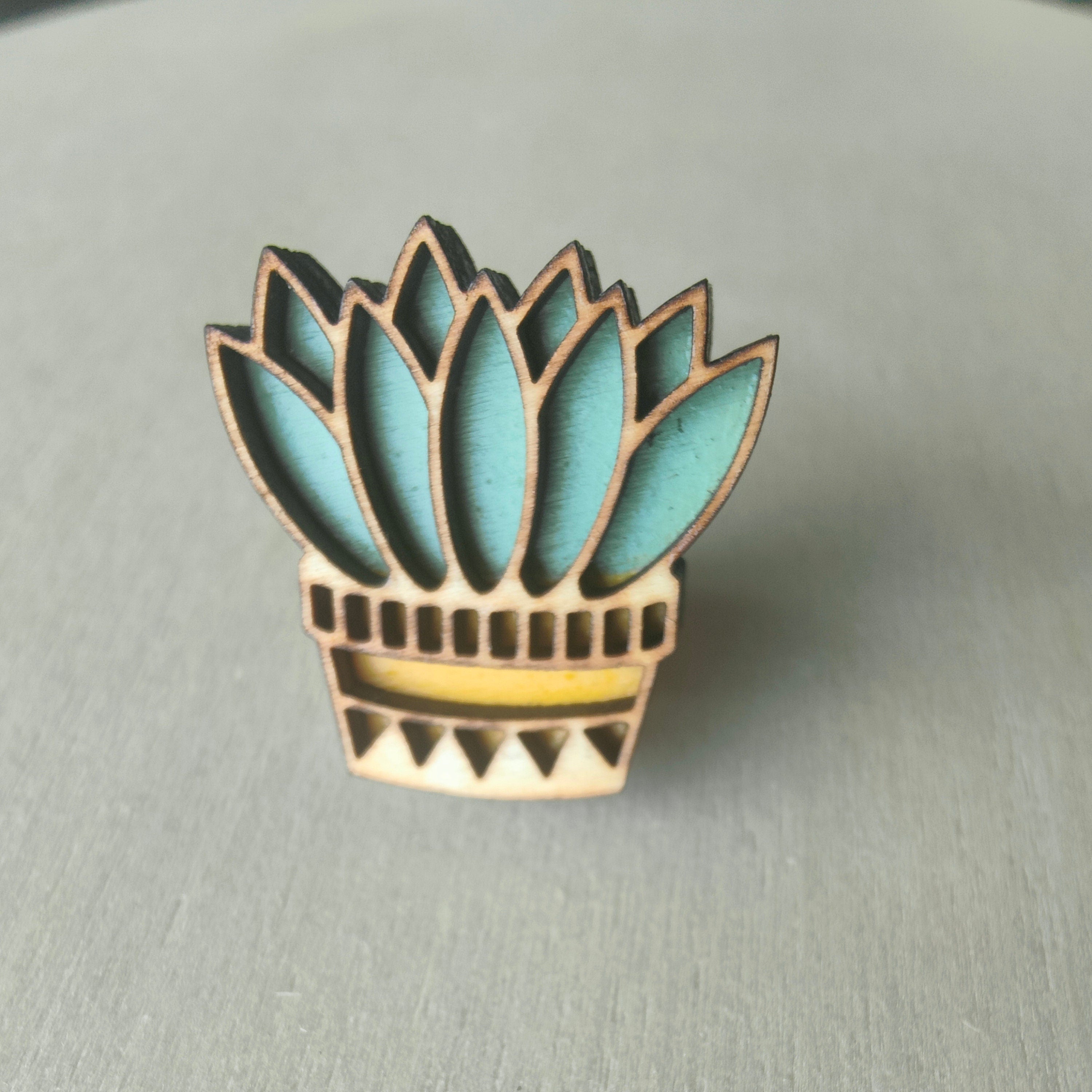 Wooden Succulent Pin: Hand-Painted Plant Brooch