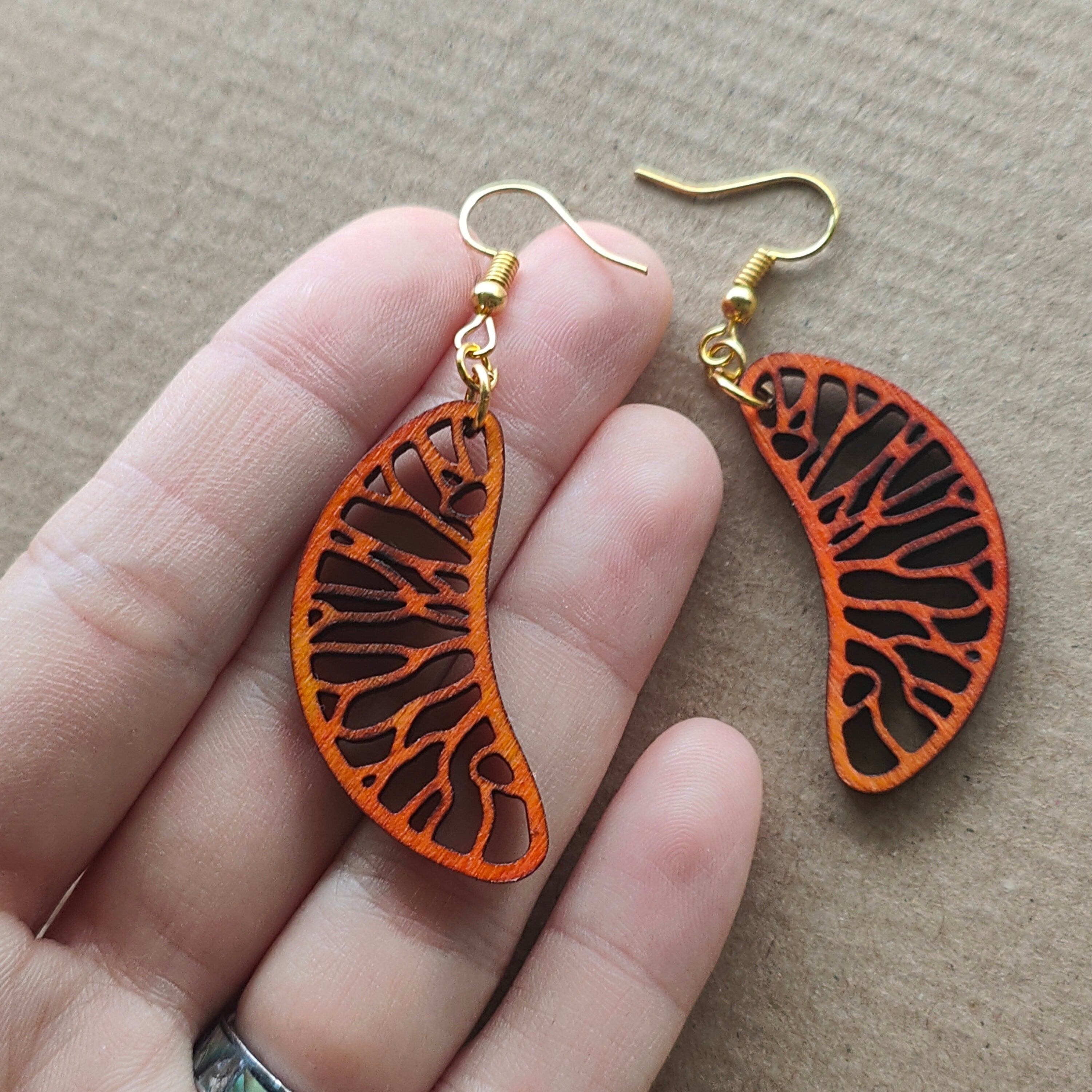 Mandarin Segment Dangle Earrings: Laser Cut Wooden Fruit