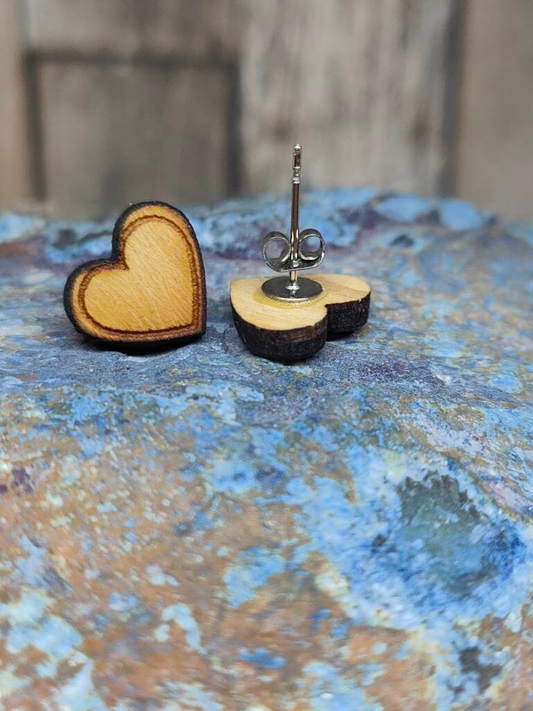 Spruce Wood Heart Stud Earrings: Minimalist Jewellery