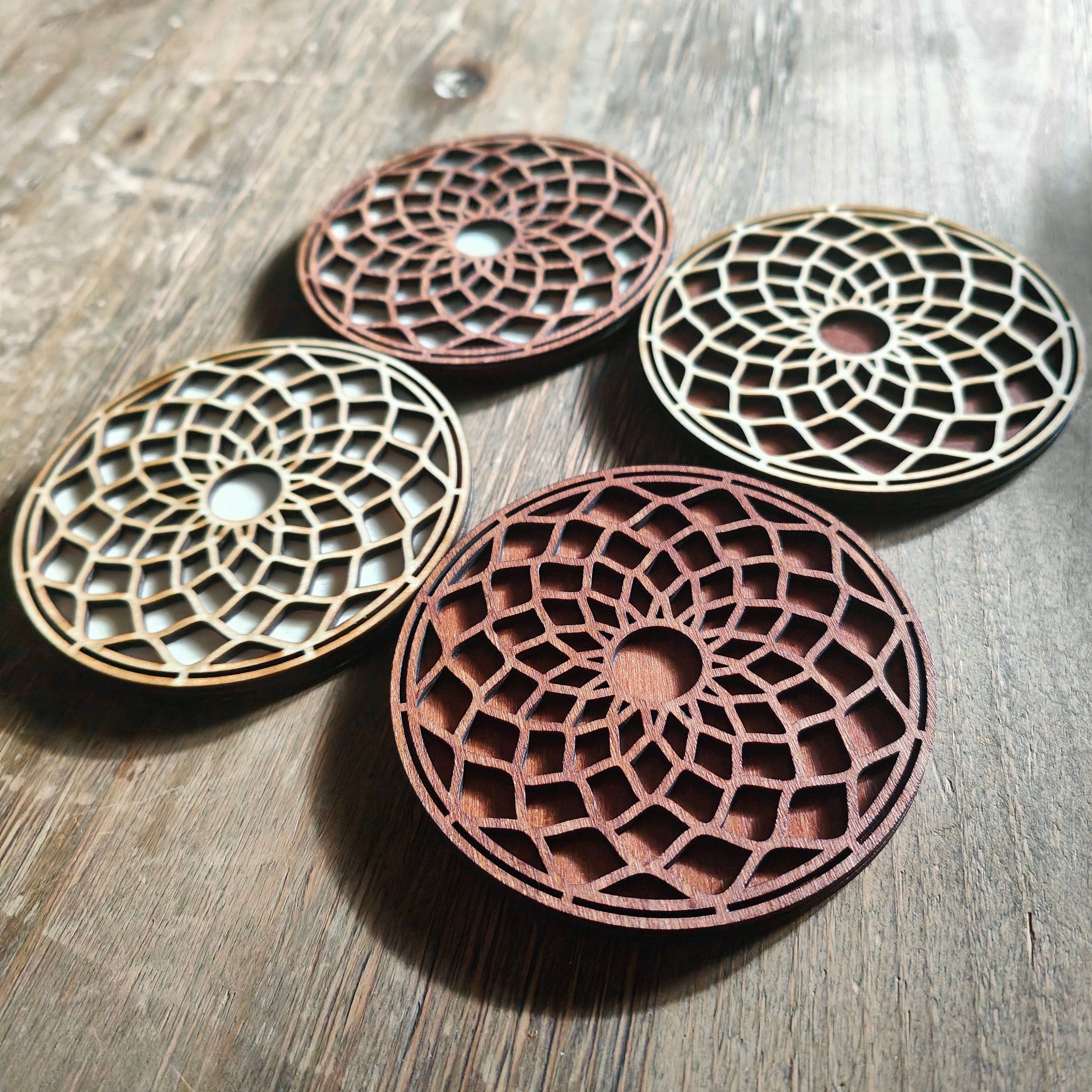 Geometric Mandala Wooden Coasters: Spiritual Home Decor, Set of 4