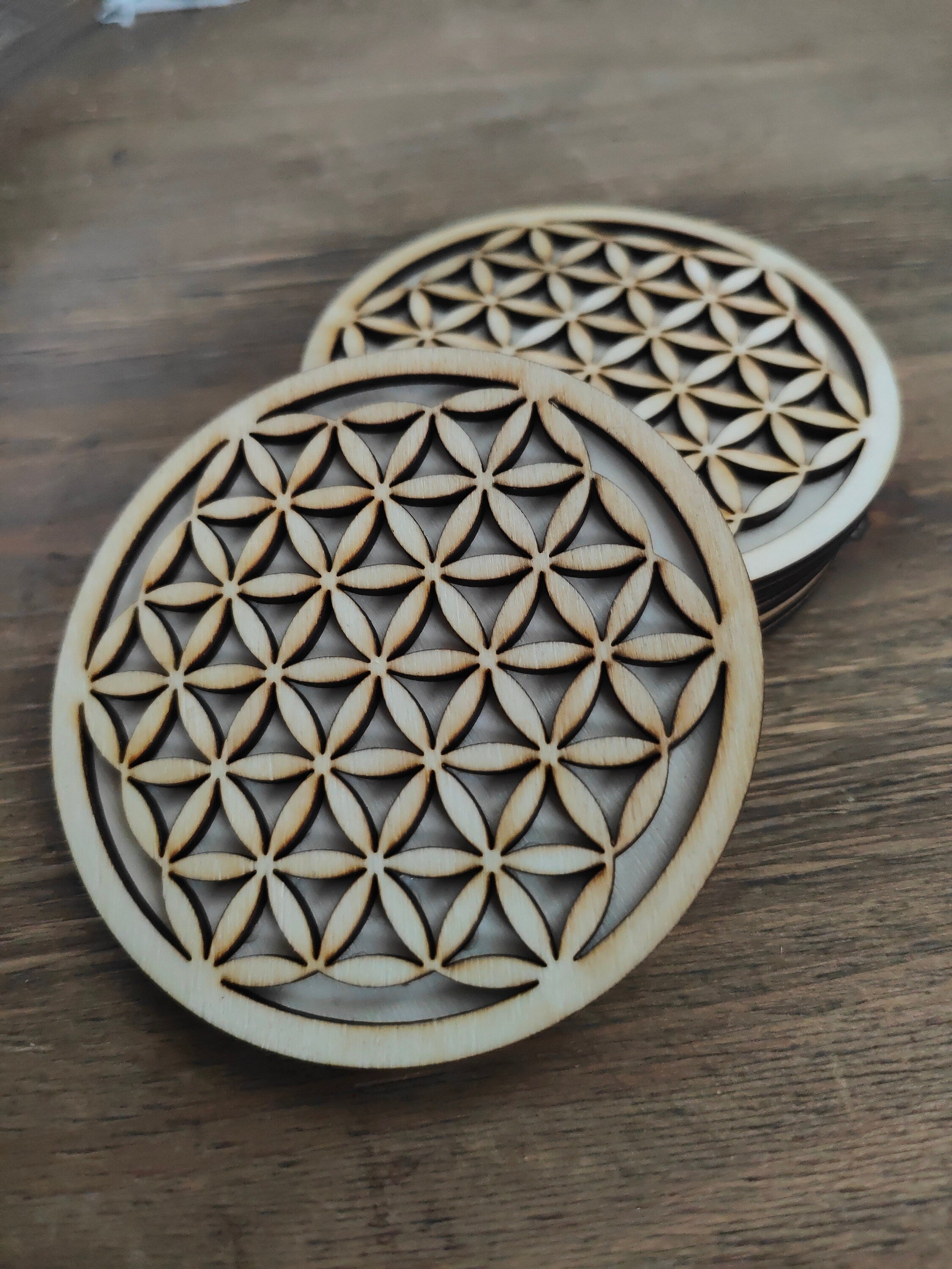 Flower of Life Wooden Coasters: Geometric Laser Engraved Set of 4
