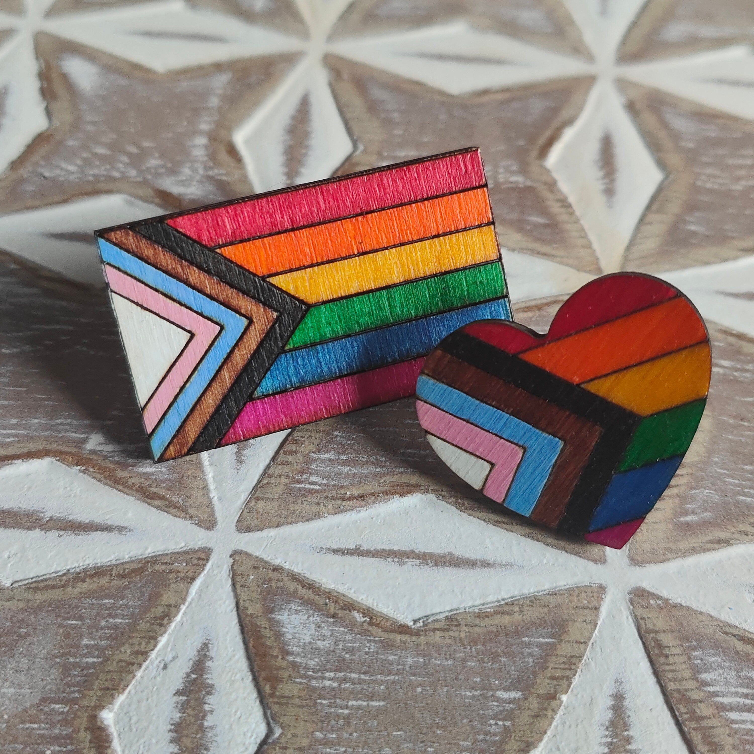 Wooden heart progress pride flag pin badge, LGBTQ+