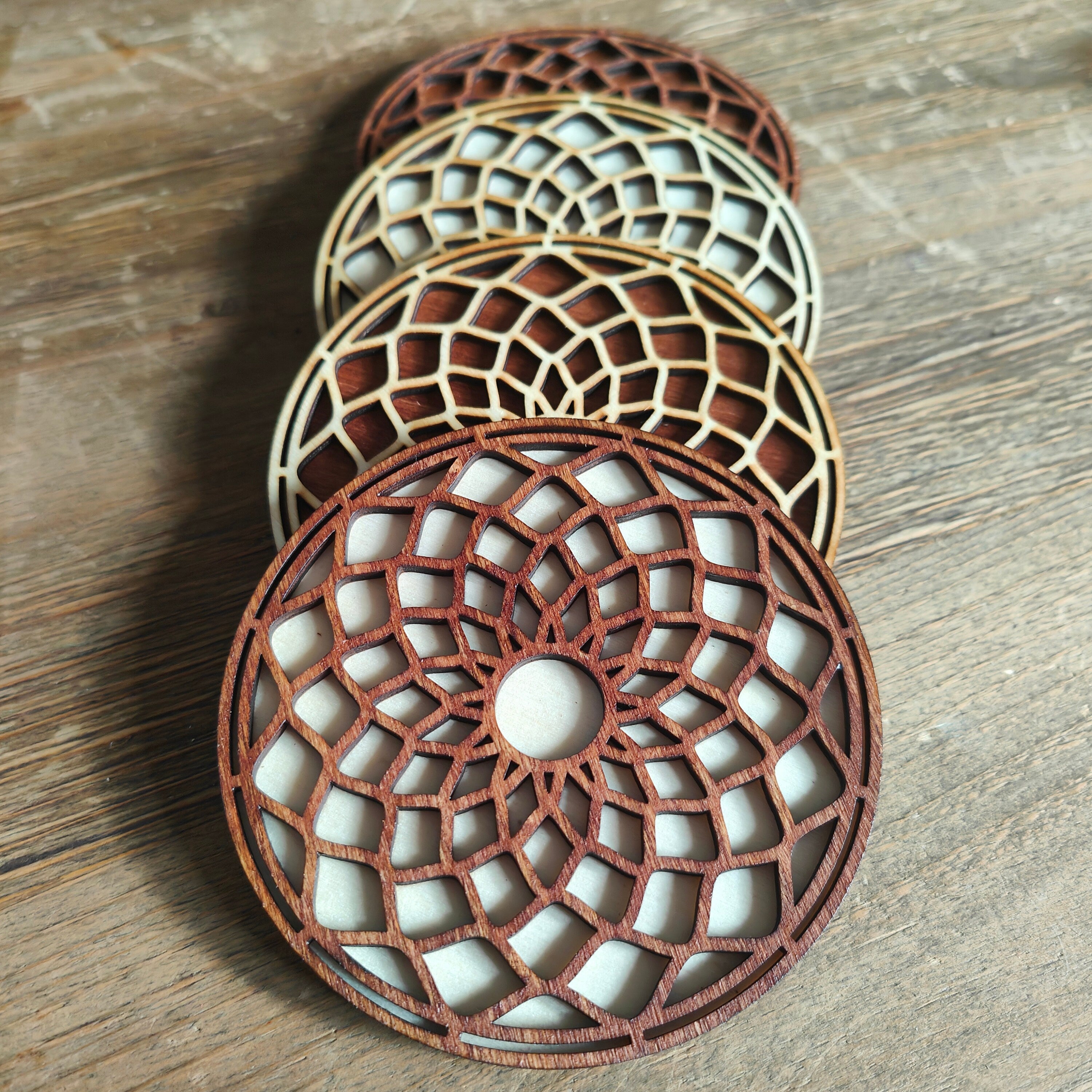 Geometric Mandala Wooden Coasters: Spiritual Home Decor, Set of 4