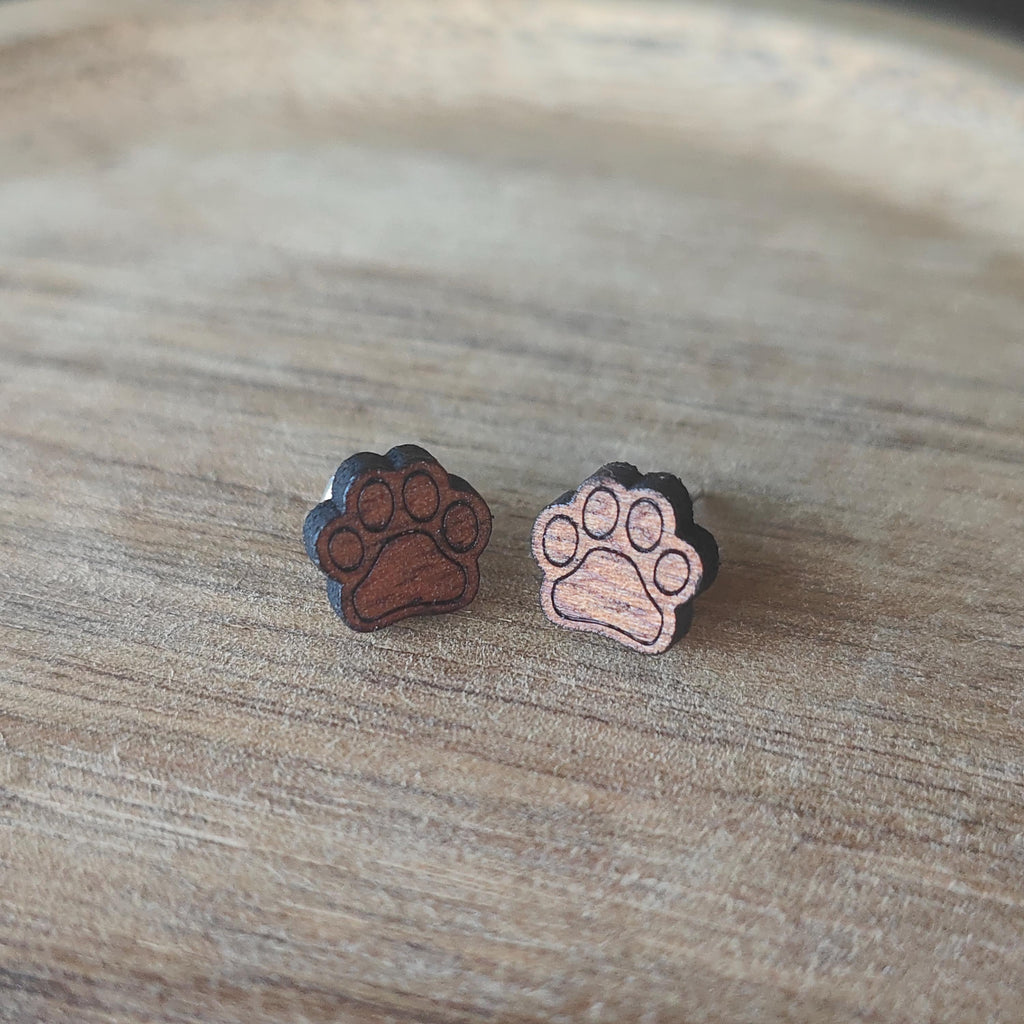 Mahogany Paw Print Stud Earrings: Laser Cut Wooden Jewellery