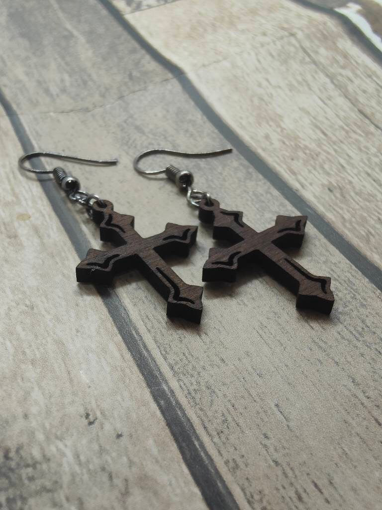 Fleury Cross Earrings: Walnut Wood Gothic Dangle Jewellery