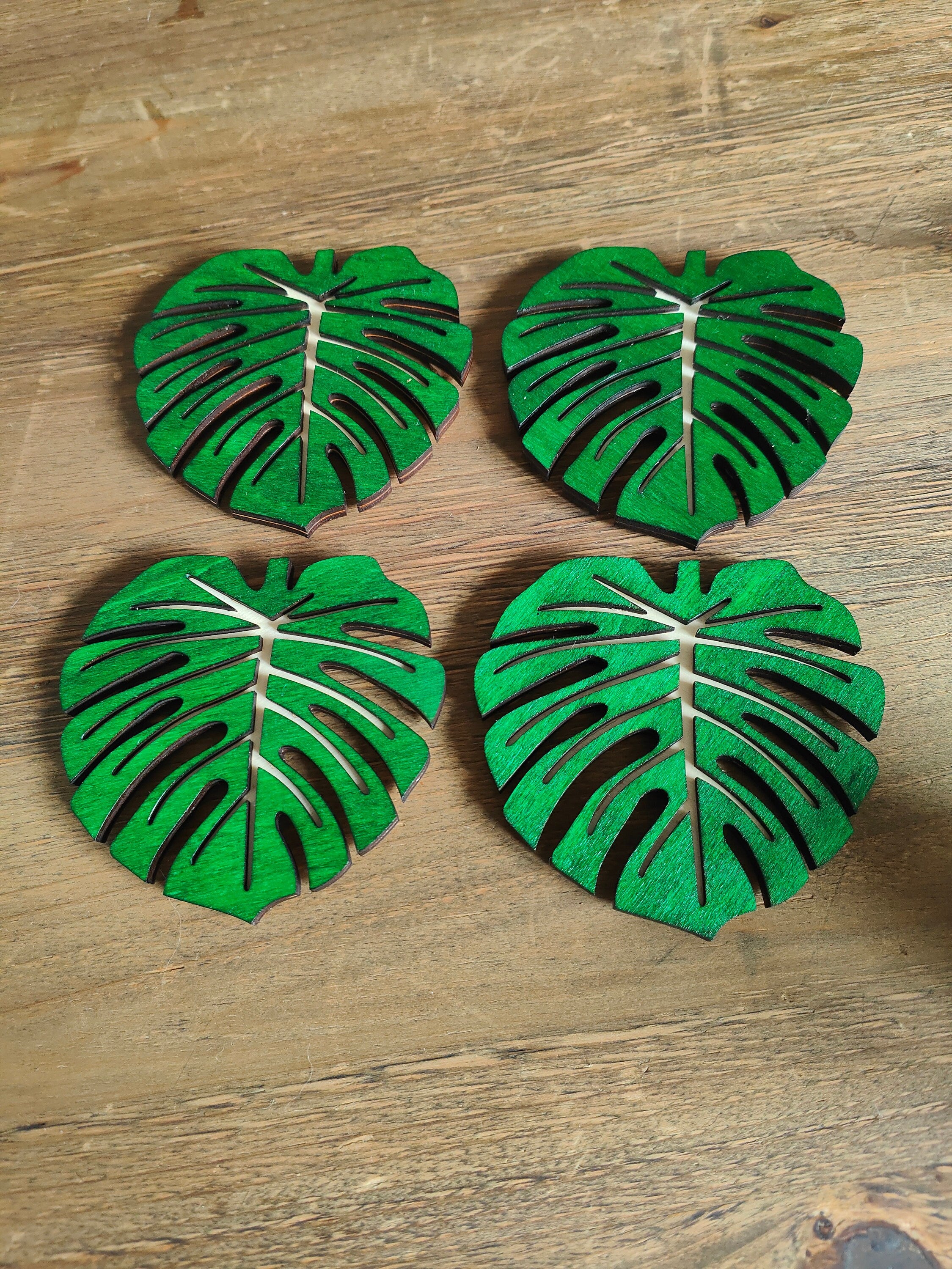 Wooden Monstera Leaf Coasters: Summer Drinkware, Set of 4