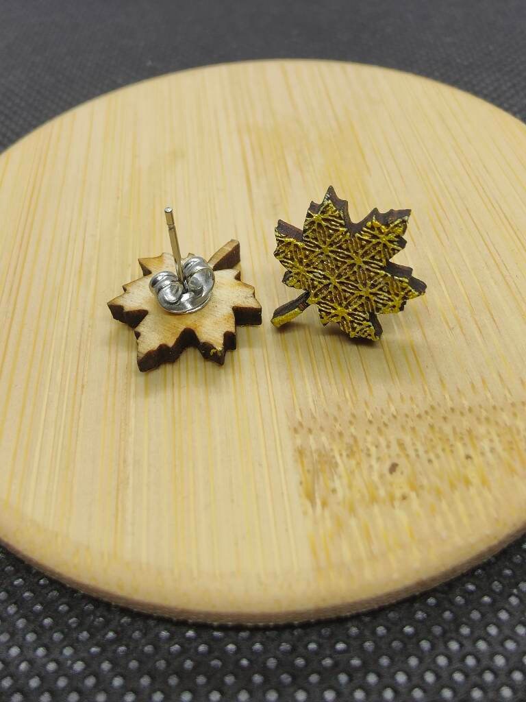 Gold Maple Leaf Earrings: Geometric Laser Engraved Wood Studs