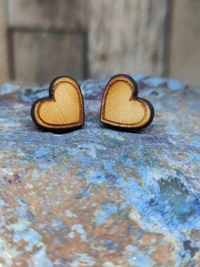 Spruce Wood Heart Stud Earrings: Minimalist Jewellery