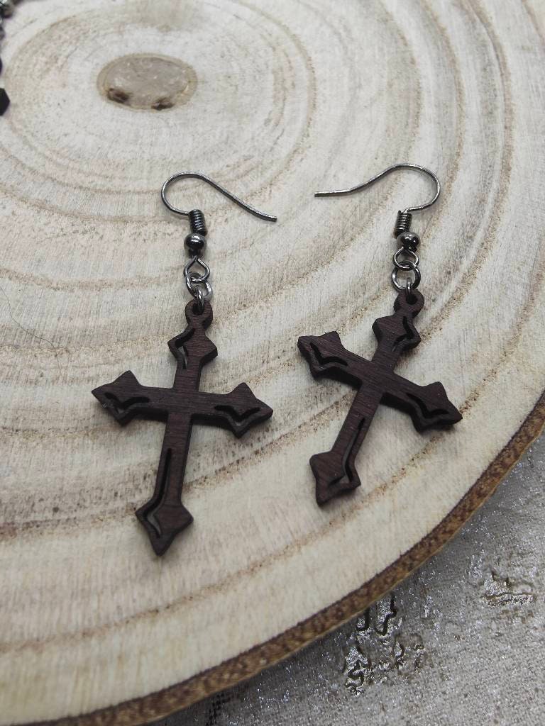 Fleury Cross Earrings: Walnut Wood Gothic Dangle Jewellery